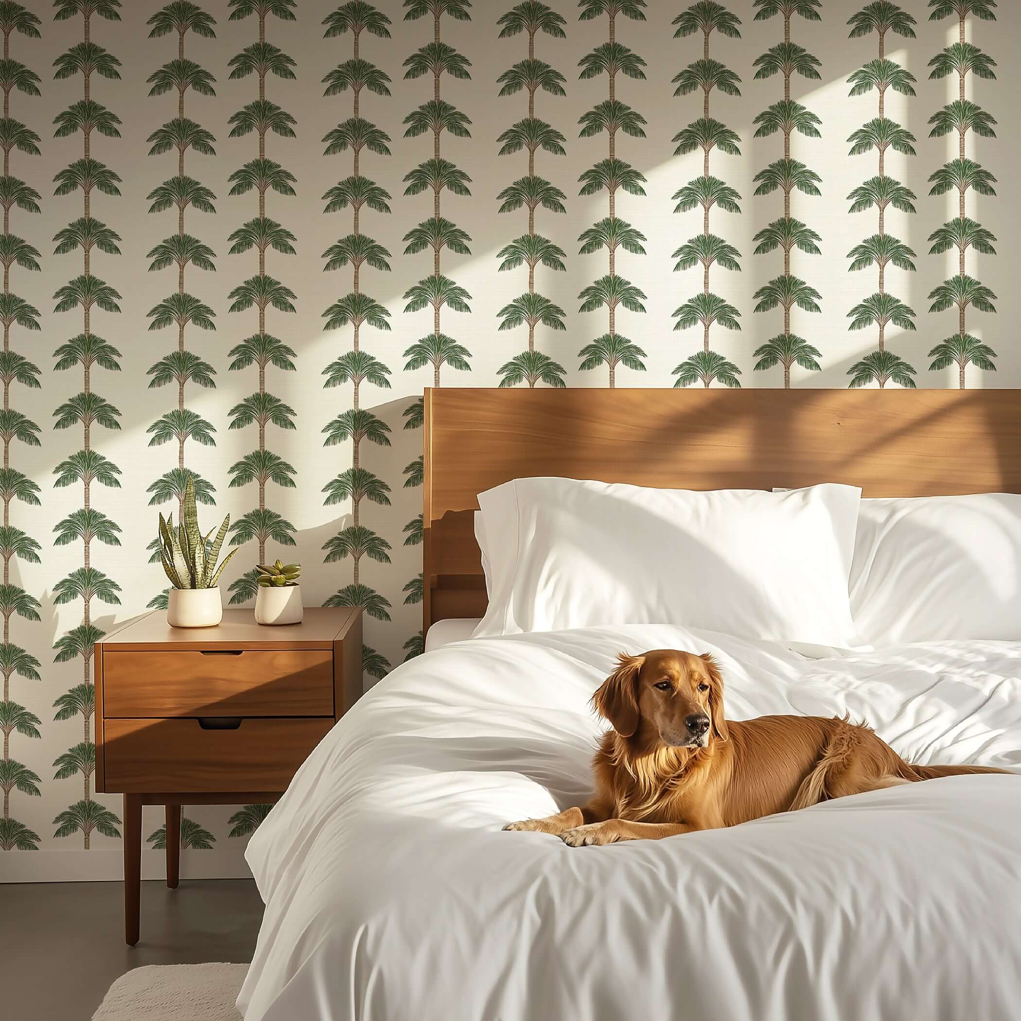 Modern bedroom featuring Coastal Chic Palm Oasis wallpaper with palm trees, blending coastal charm and luxury design.