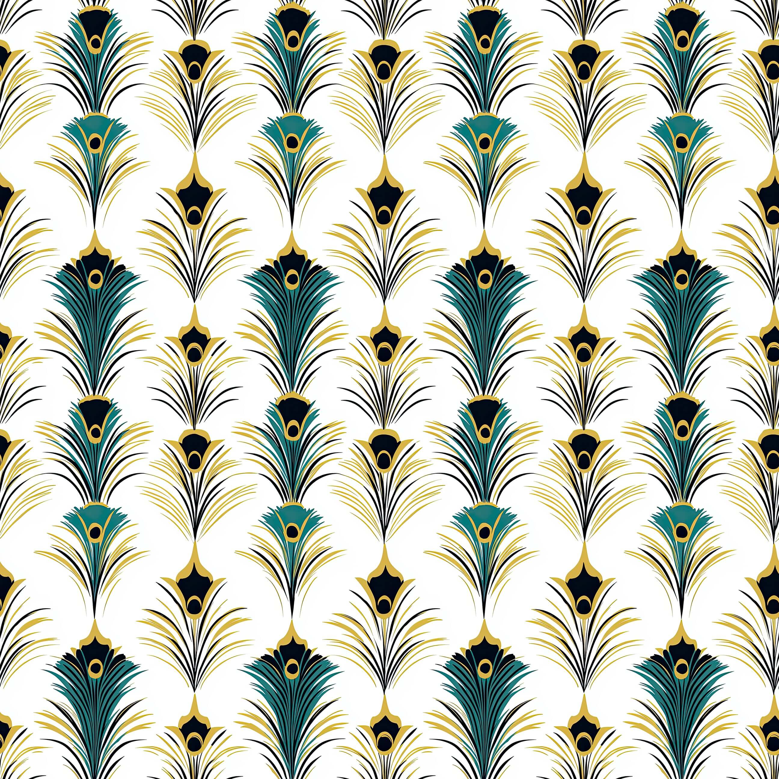 Art Deco wallpaper with teal, gold, and black geometric peacock feather design, perfect for stylish accent walls.