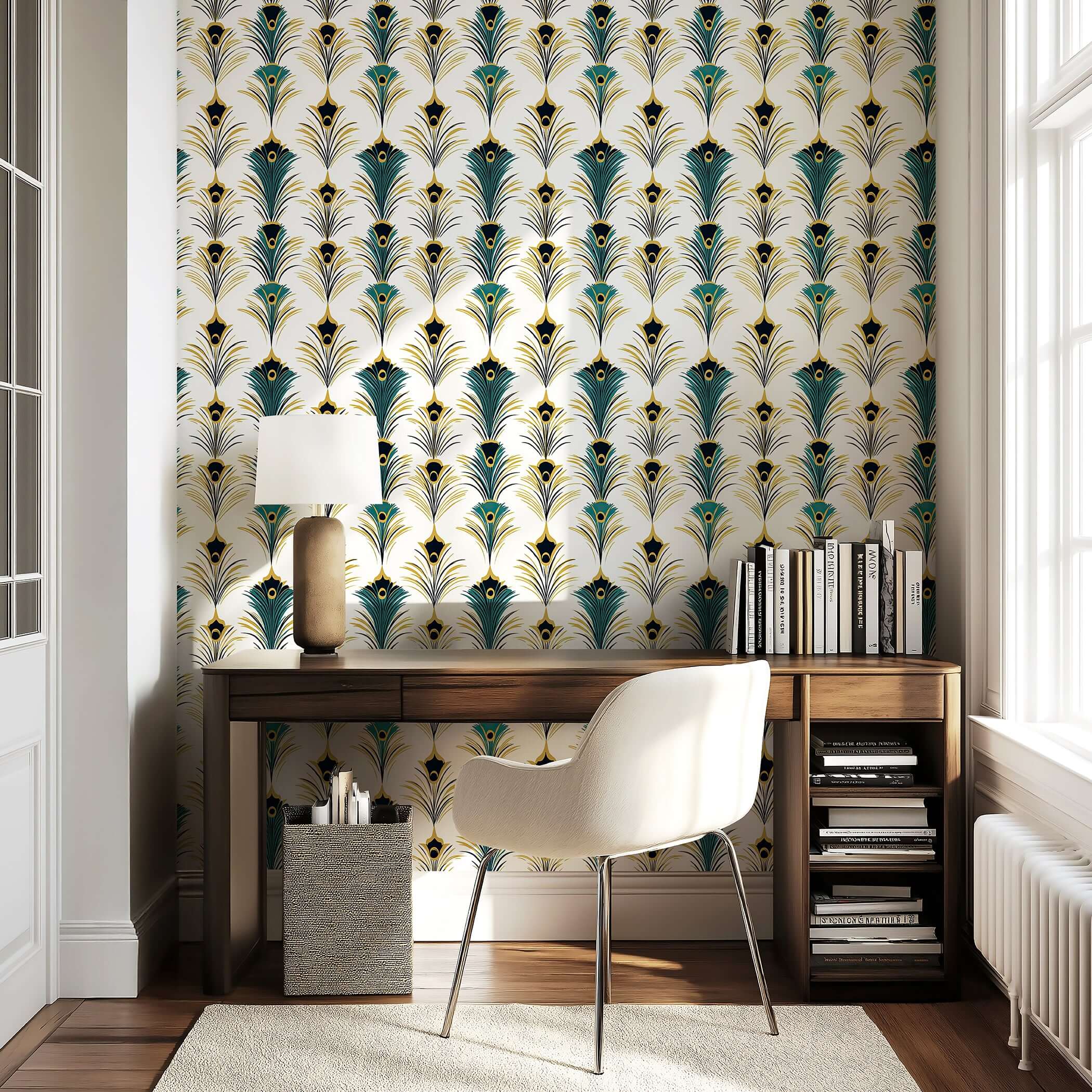 Art Deco wallpaper with teal, gold, and black geometric peacock feather pattern in a stylish room setting with desk and chair.