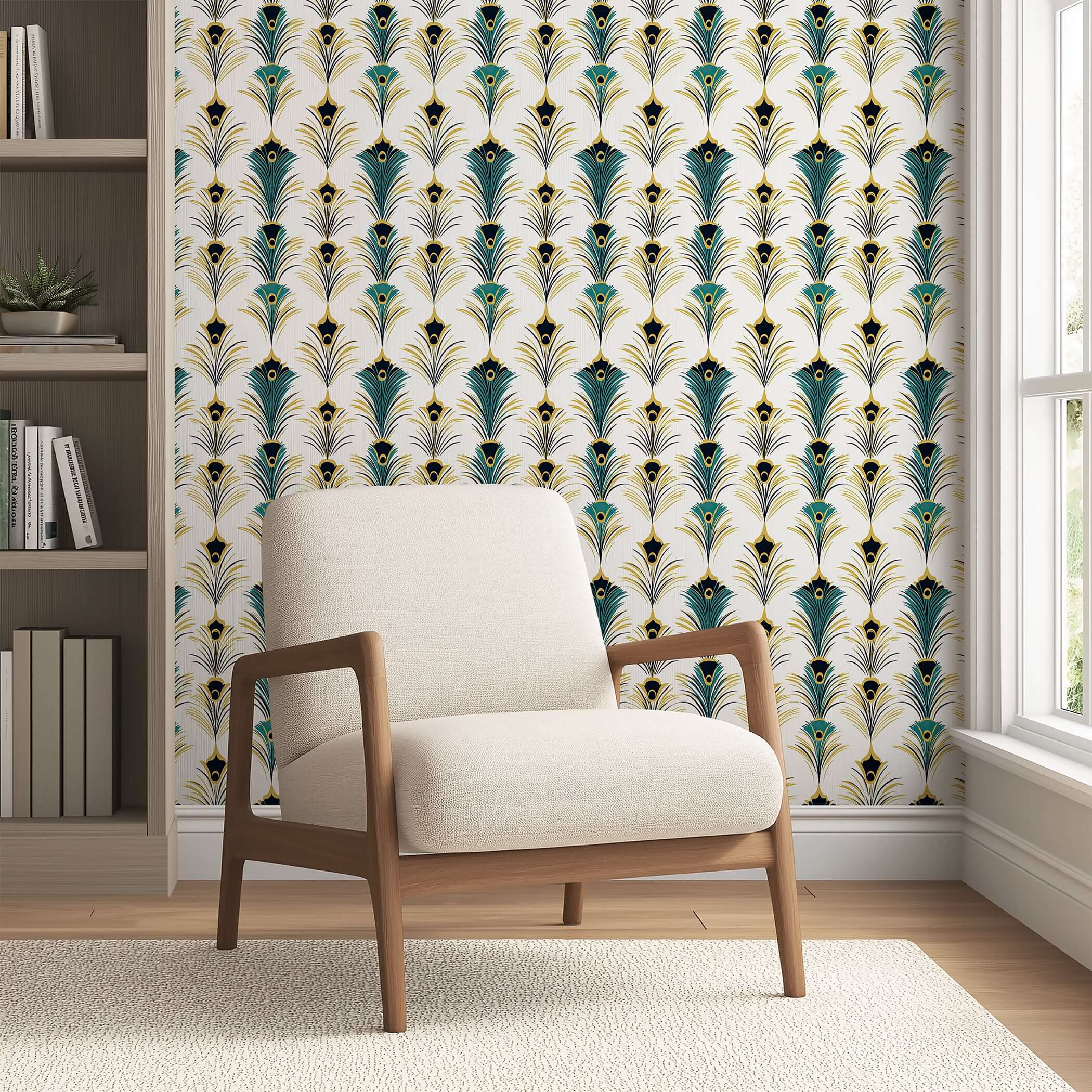Art Deco wallpaper with peacock feather design in teal and gold, featuring a beige chair in a modern living space.