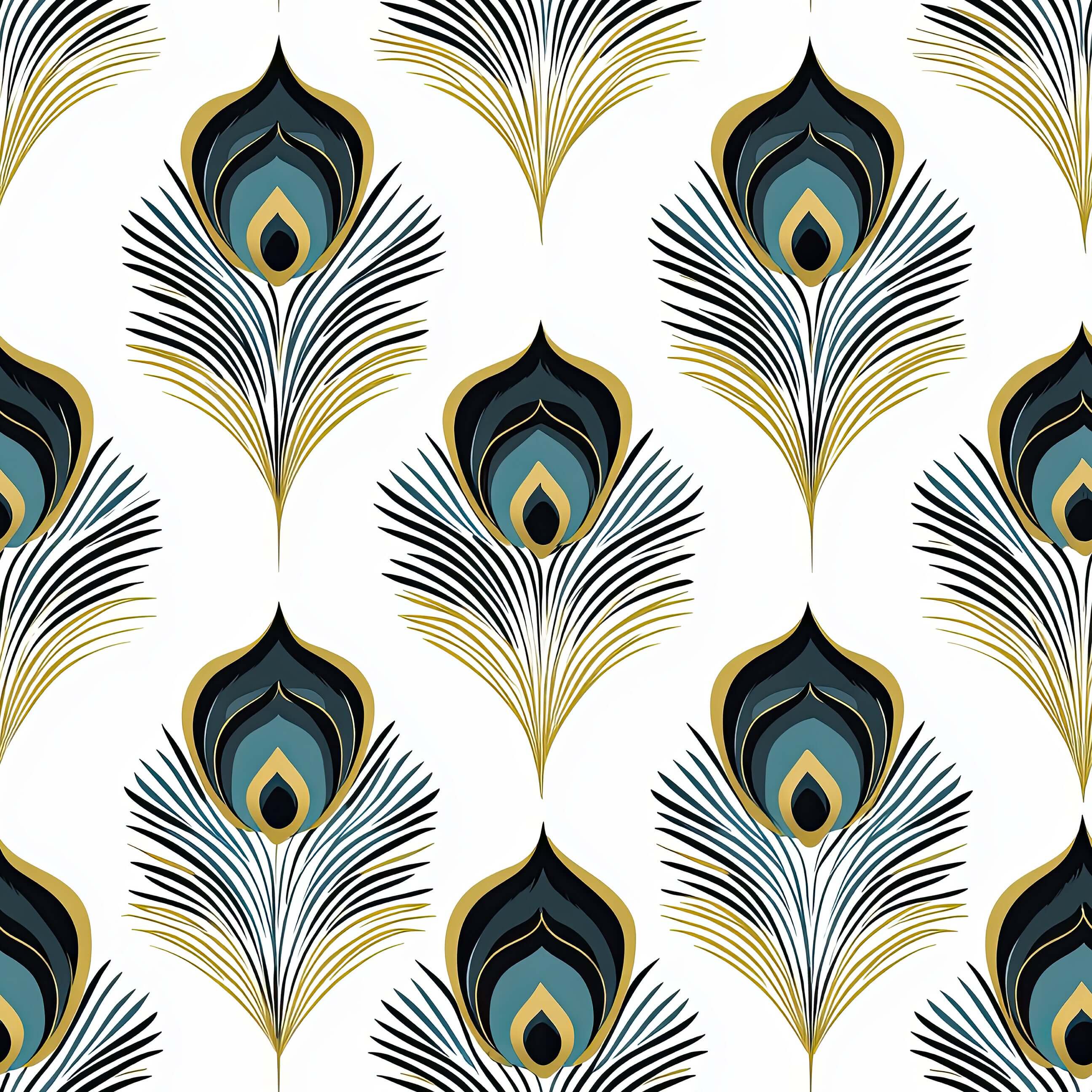 Art Deco wallpaper with teal and gold peacock feather design, showcasing sophisticated and luxurious bird patterns for interior decoration.
