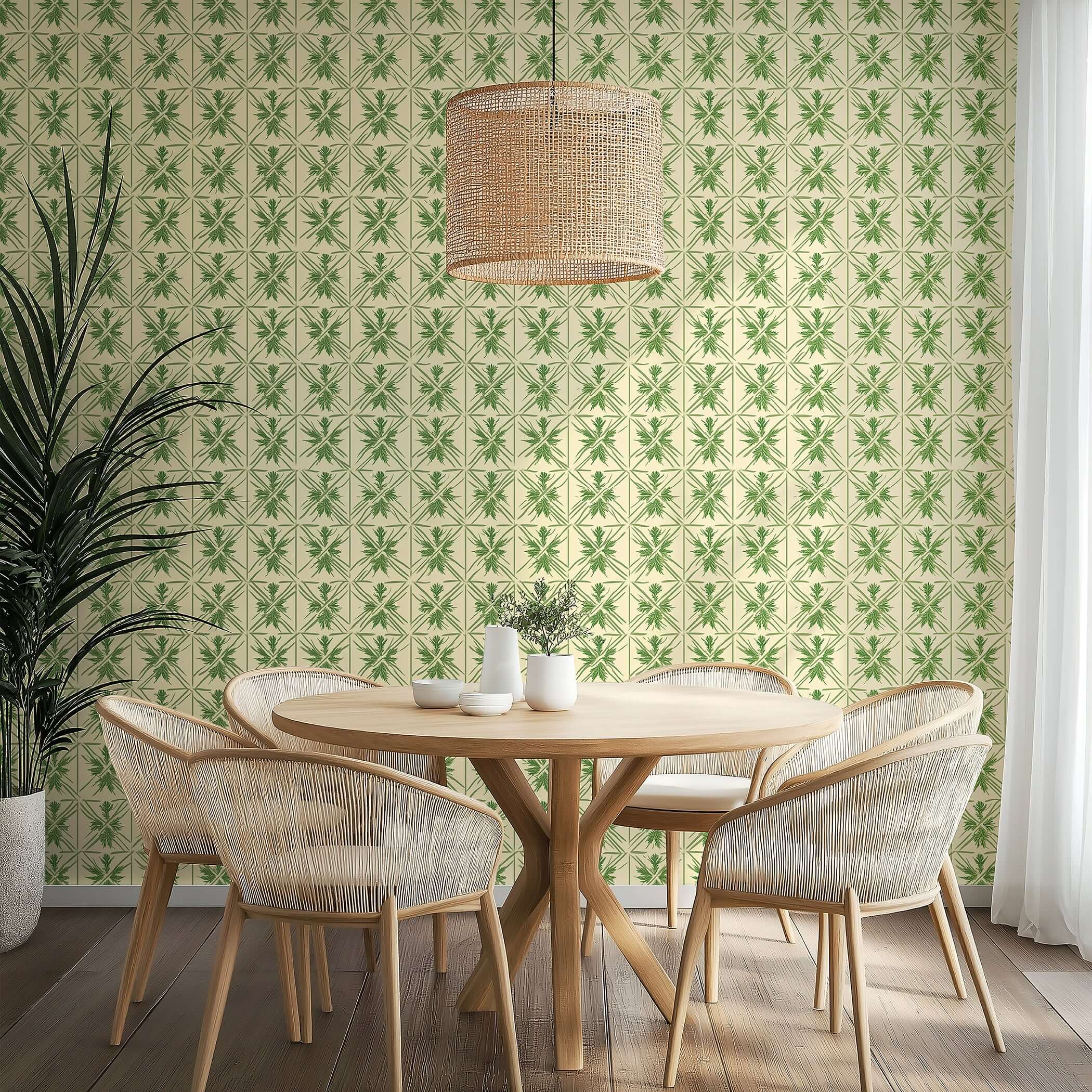 Dining room with Geometric Greenery wallpaper featuring botanical patterns, rattan chandelier, and wooden furniture.