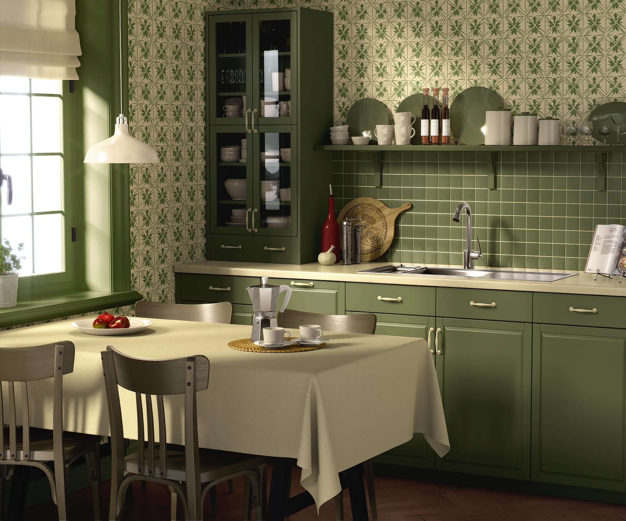 Green kitchen featuring Geometric Greenery wallpaper with botanical patterns, blending natural elegance and geometric balance for a fresh look.