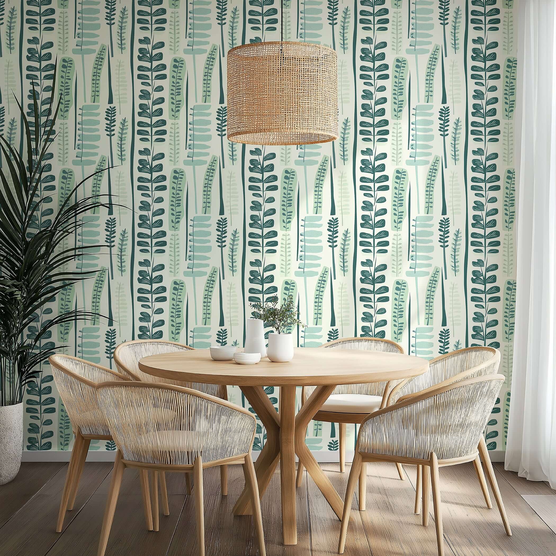Modern Meadow wallpaper with abstract plant design in green, ideal for mid-century modern or Scandinavian style living spaces.