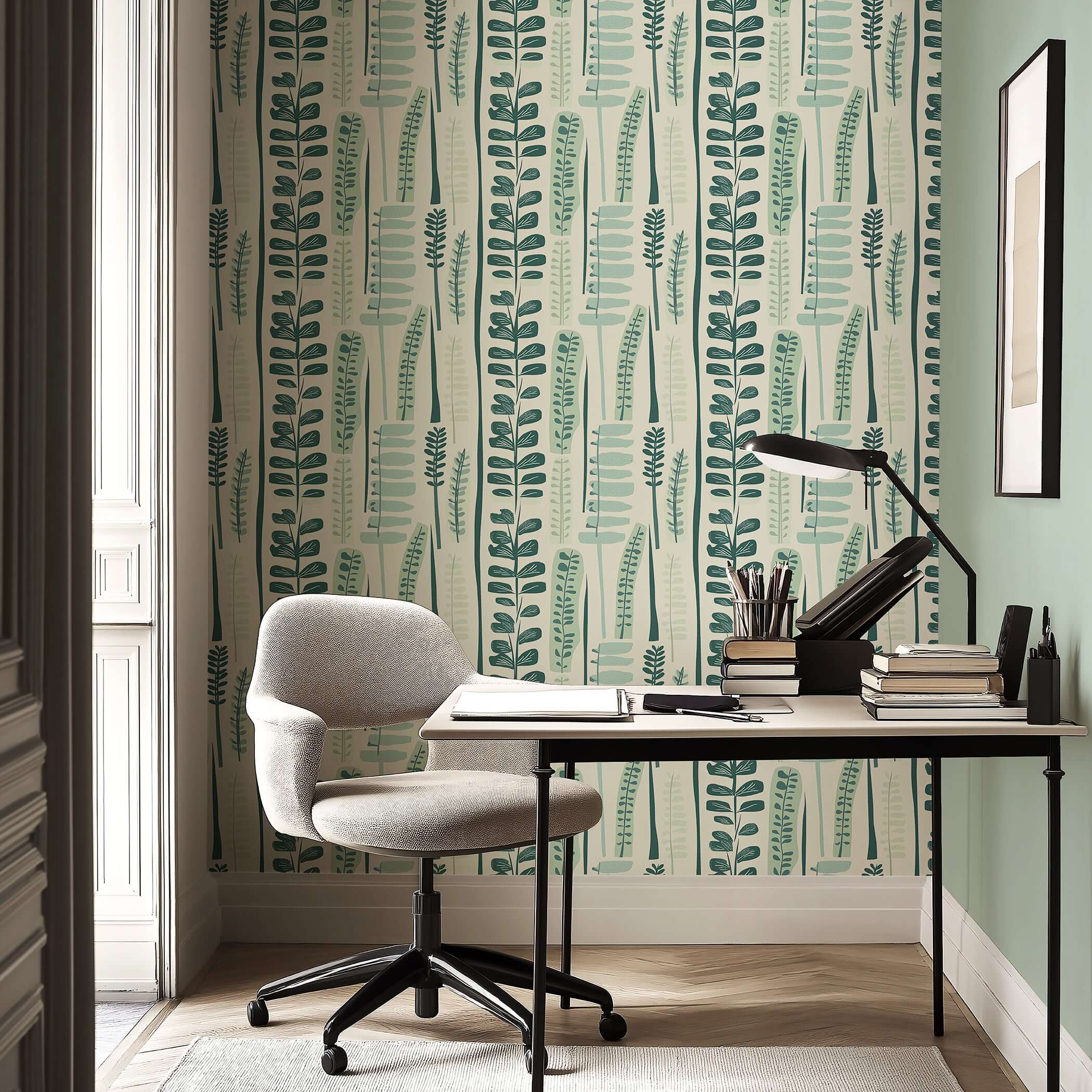 Mid-century modern wallpaper with abstract green leaves, adding a retro touch to a contemporary room with desk and chair.