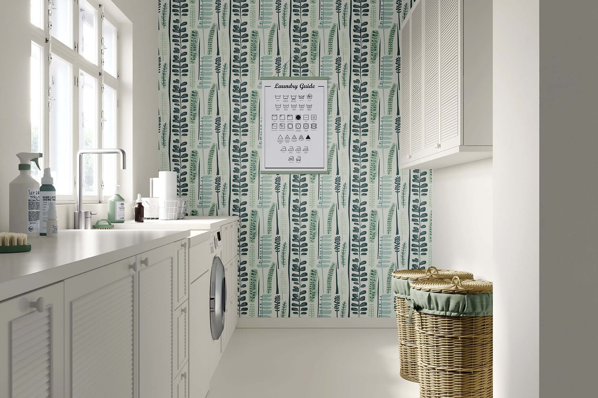 Modern Meadow wallpaper with abstract green leaves in a laundry room, showcasing mid-century modern design and retro style.
