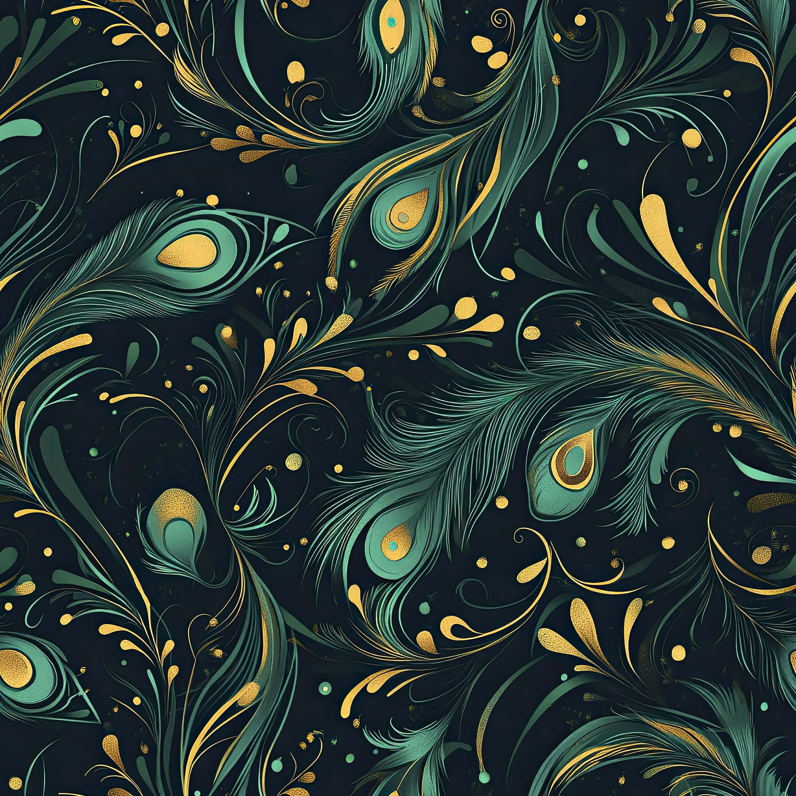 Teal and gold peacock feathers on an art deco wallpaper with a cosmic backdrop, ideal for modern interior design.