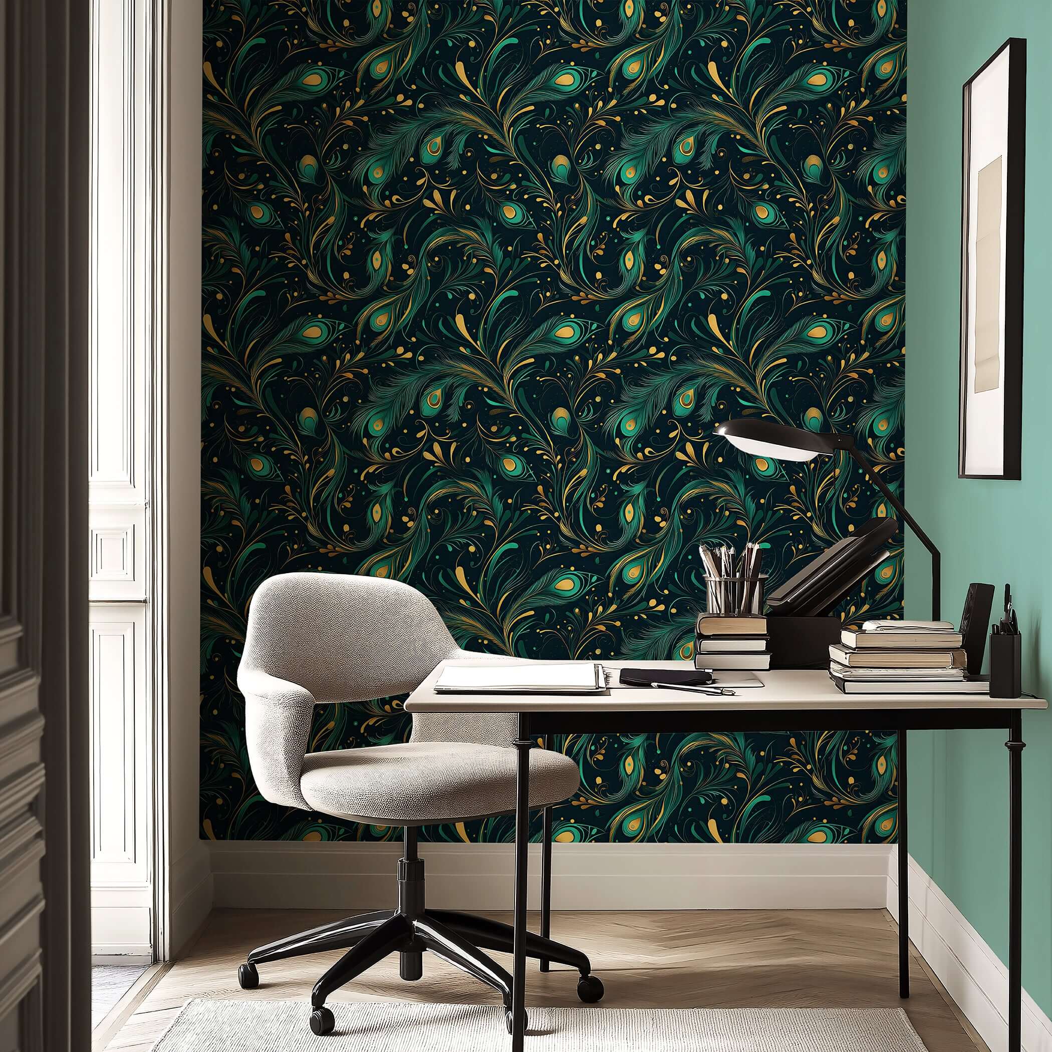Office space with teal and gold Art Deco wallpaper featuring peacock feathers, showcasing modern design elegance.