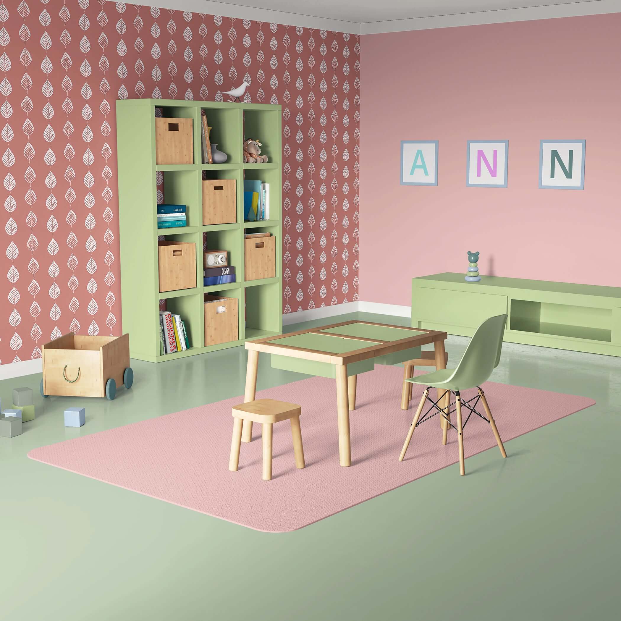 Petal Pink Wallpaper with white leaf pattern adorning a playroom, showcasing modern abstract design for nurseries and children's spaces.