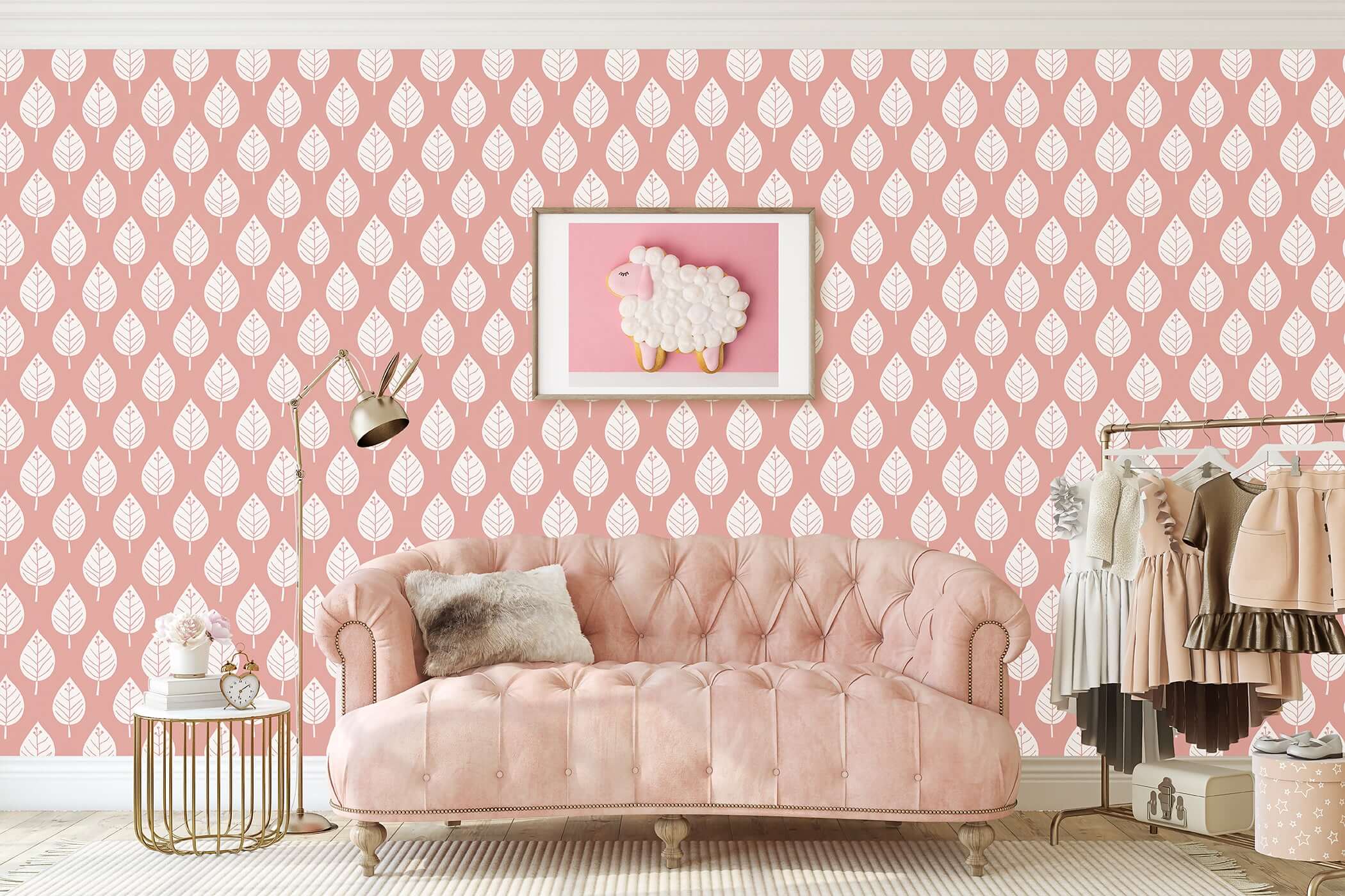 Modern pink wallpaper with white leaf design, perfect for nurseries or playrooms. "Spring Blush" botanical elegance for your space.