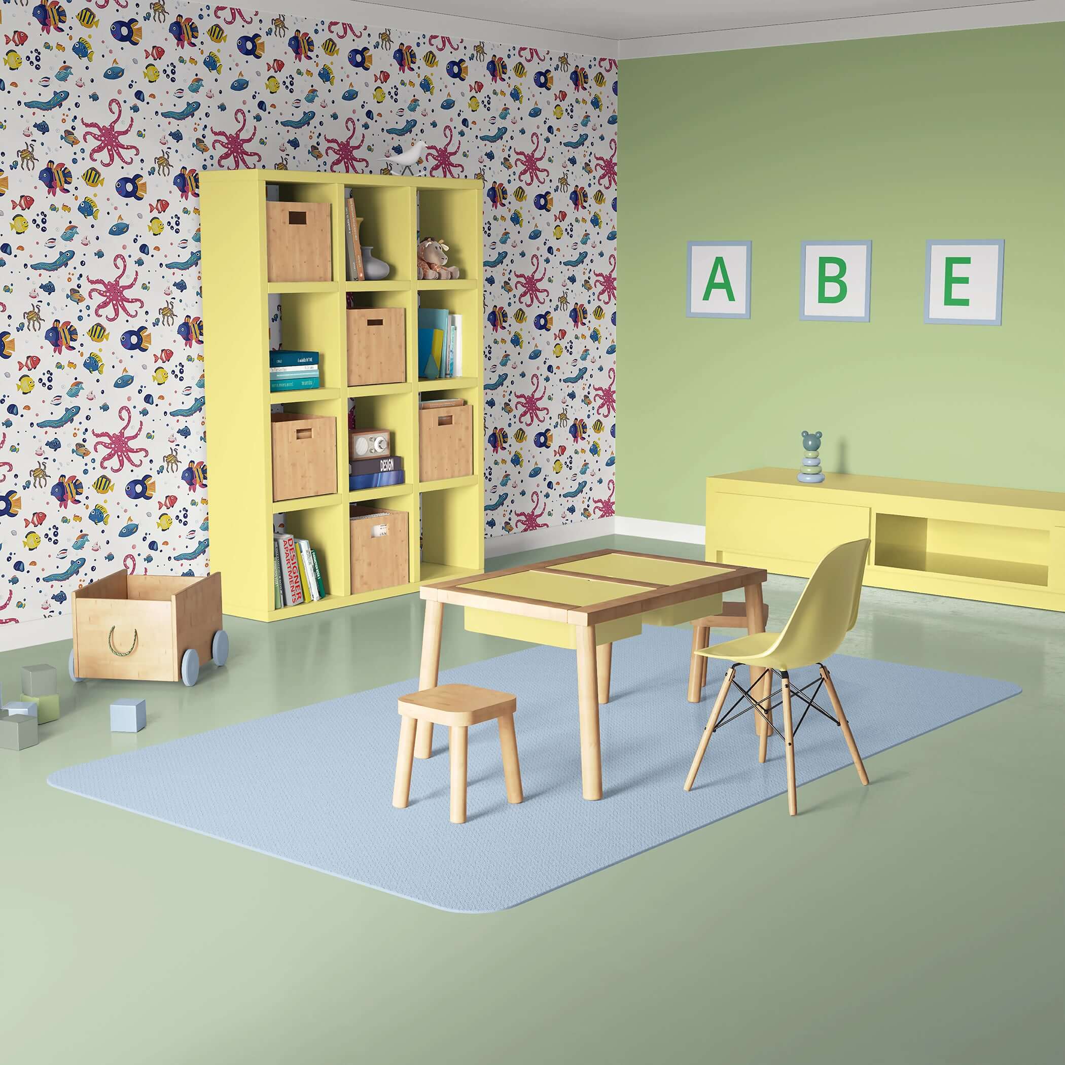 Colorful Underwater Friends wallpaper in children's playroom with ocean-themed fish and coral, creating a creative, coastal atmosphere.