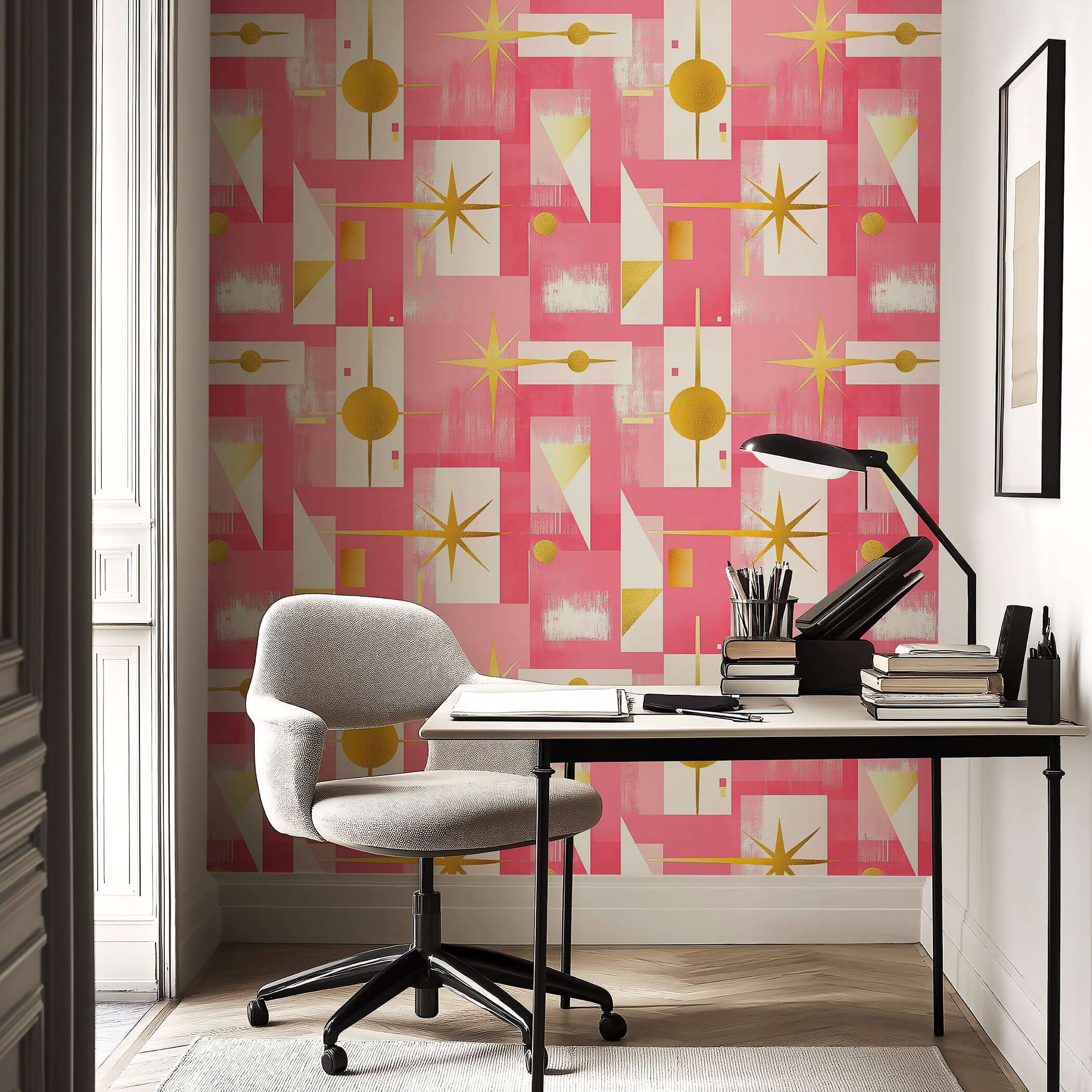 Pink Pop Art Wallpaper: Mid-century modern design with geometric patterns, perfect for playrooms or children’s spaces. Bold and chic.