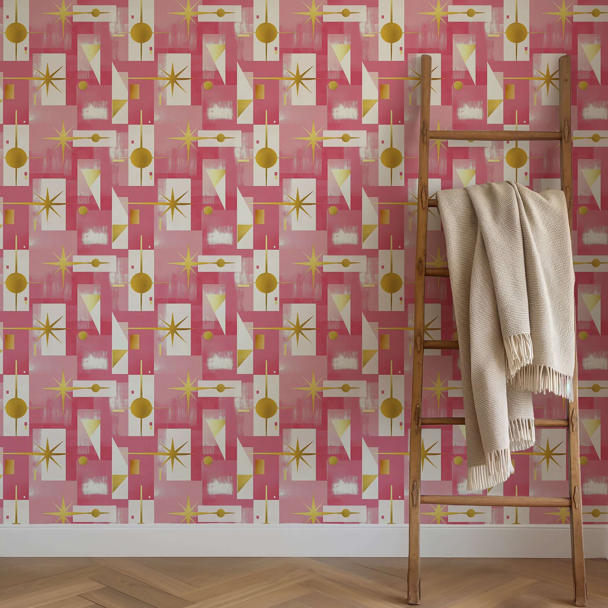 Mid-century modern pink pop art wallpaper with geometric shapes and gold accents, perfect for playrooms or chic bedrooms.