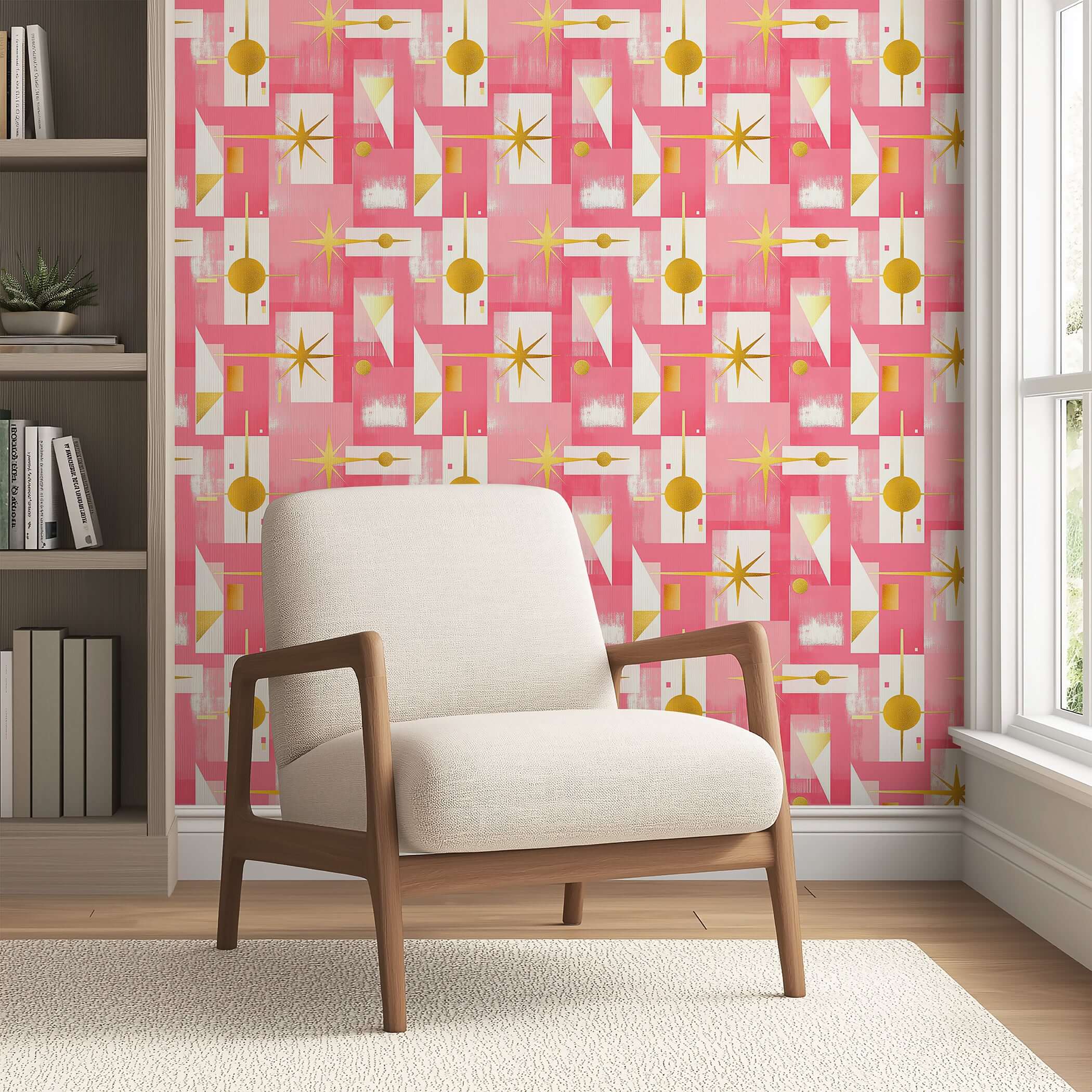 Mid-century modern pink pop art wallpaper in a room with a beige armchair, perfect for chic playrooms or modern design spaces.