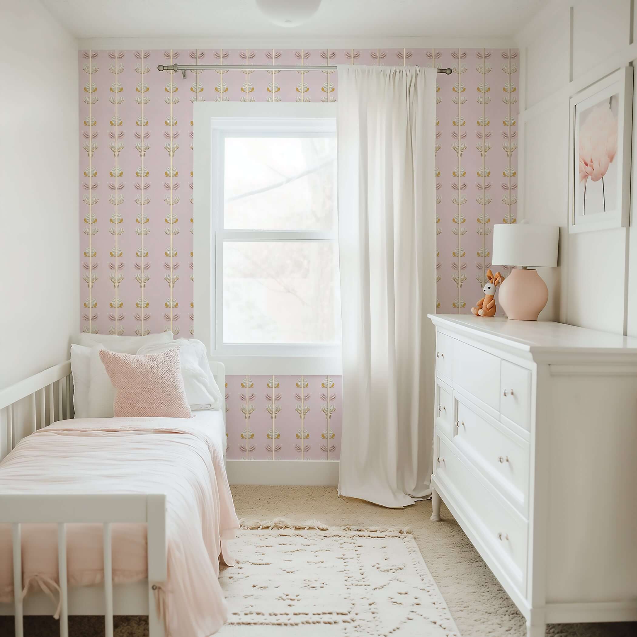 Sugar Blossom Luxe Floral wallpaper in a nursery, featuring pink and gold florals, perfect for children's playrooms and elegant spaces.