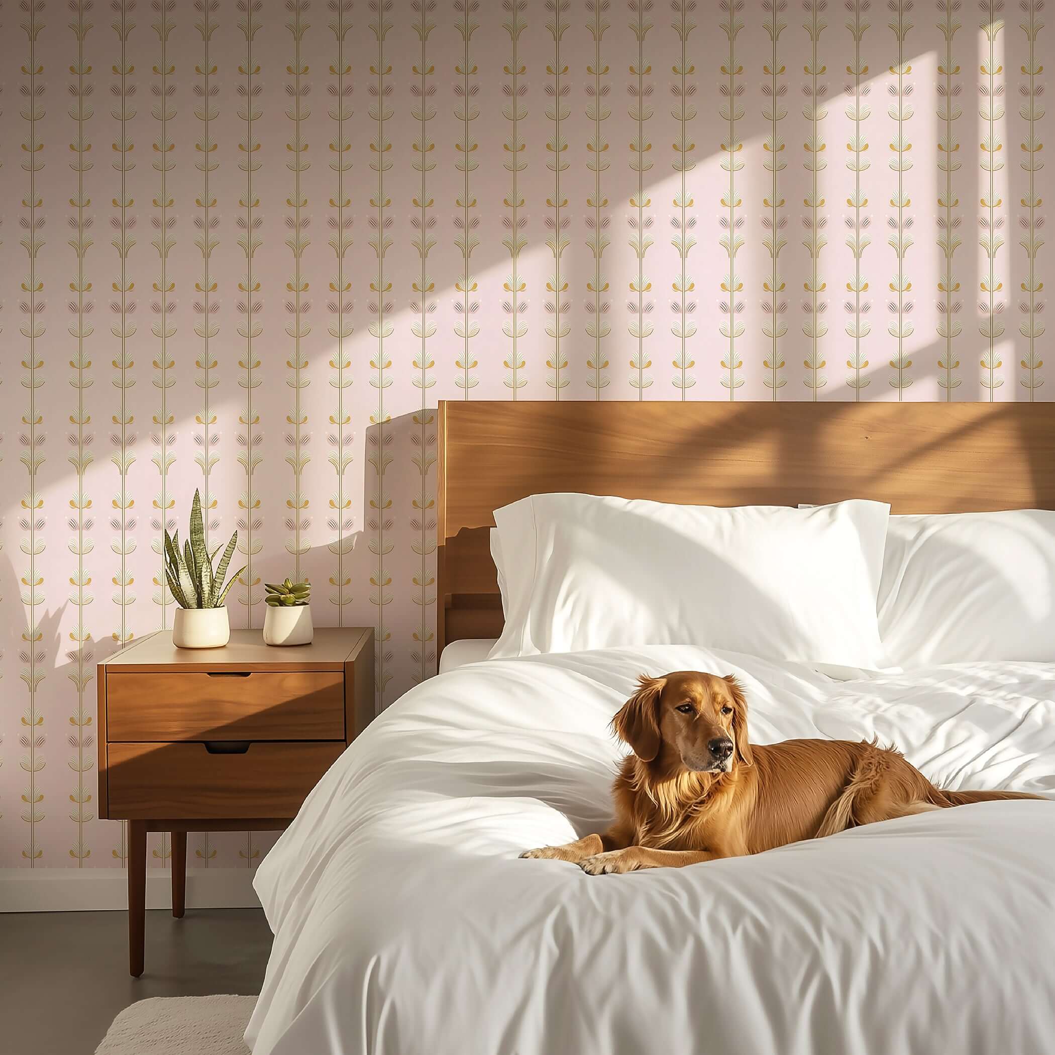 Luxurious pink floral wallpaper in bedroom with cozy bed and dog, perfect for nursery or children's playroom.