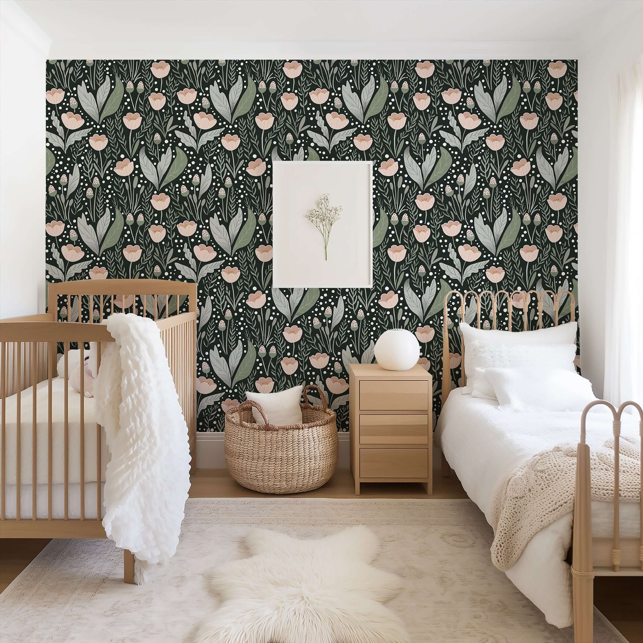 Secret Garden wallpaper with pink flowers and green foliage in a cozy nursery, perfect for cottagecore style and children's playrooms.