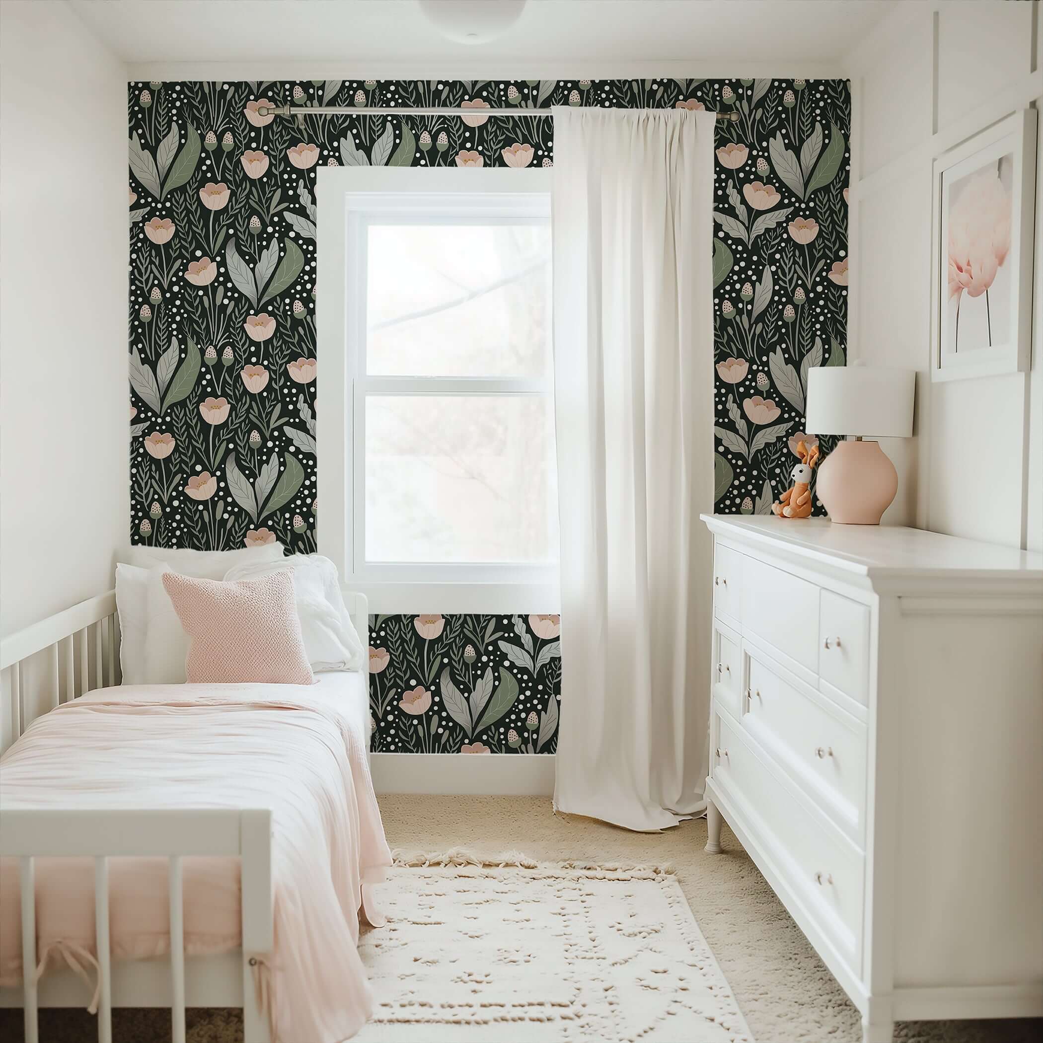 Cottagecore nursery with Secret Garden wallpaper featuring pink blooms and emerald foliage, perfect for children’s playroom.