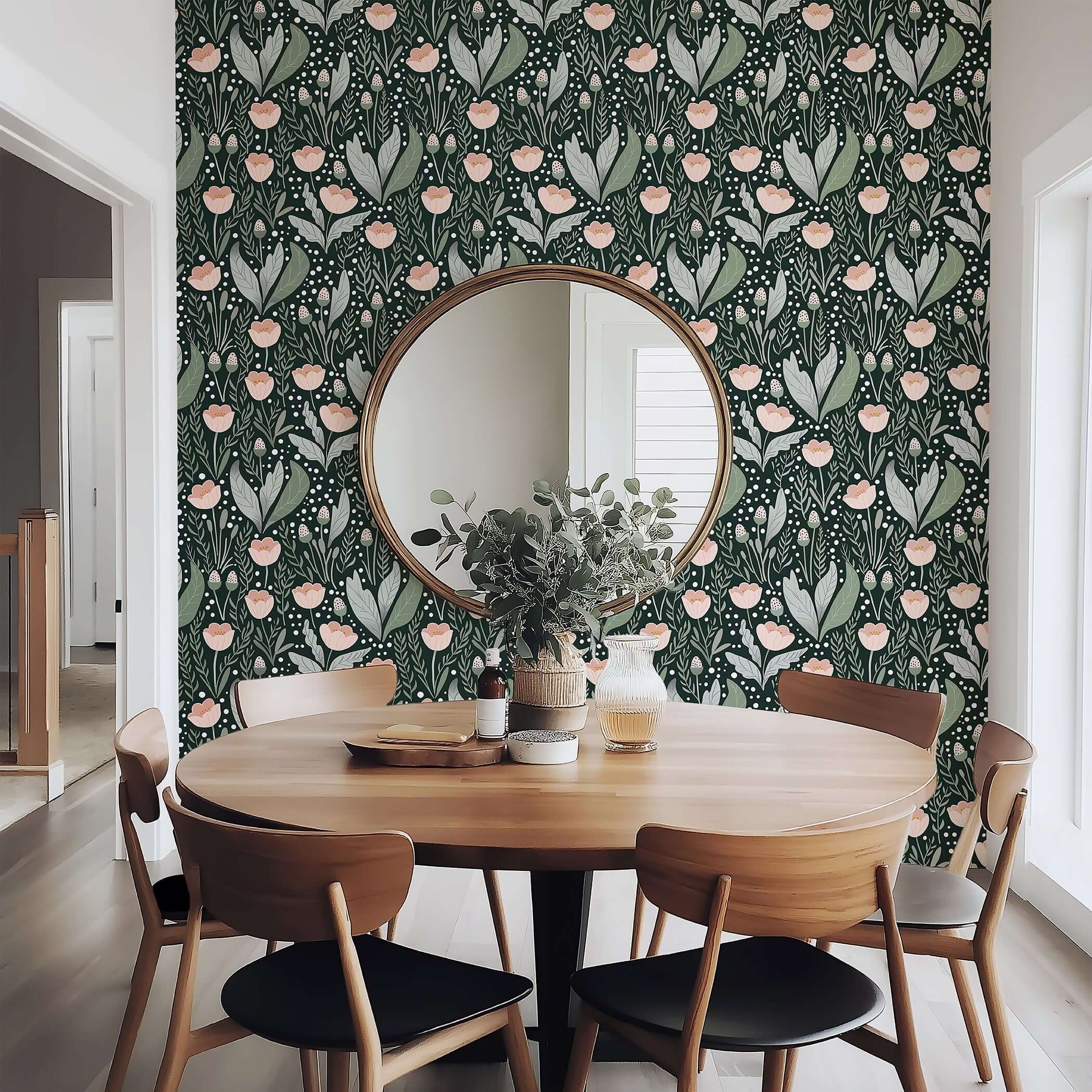 Secret Garden wallpaper with pink blooms and emerald leaves in a cozy dining room. Perfect for cottagecore, nursery, or playroom decor.
