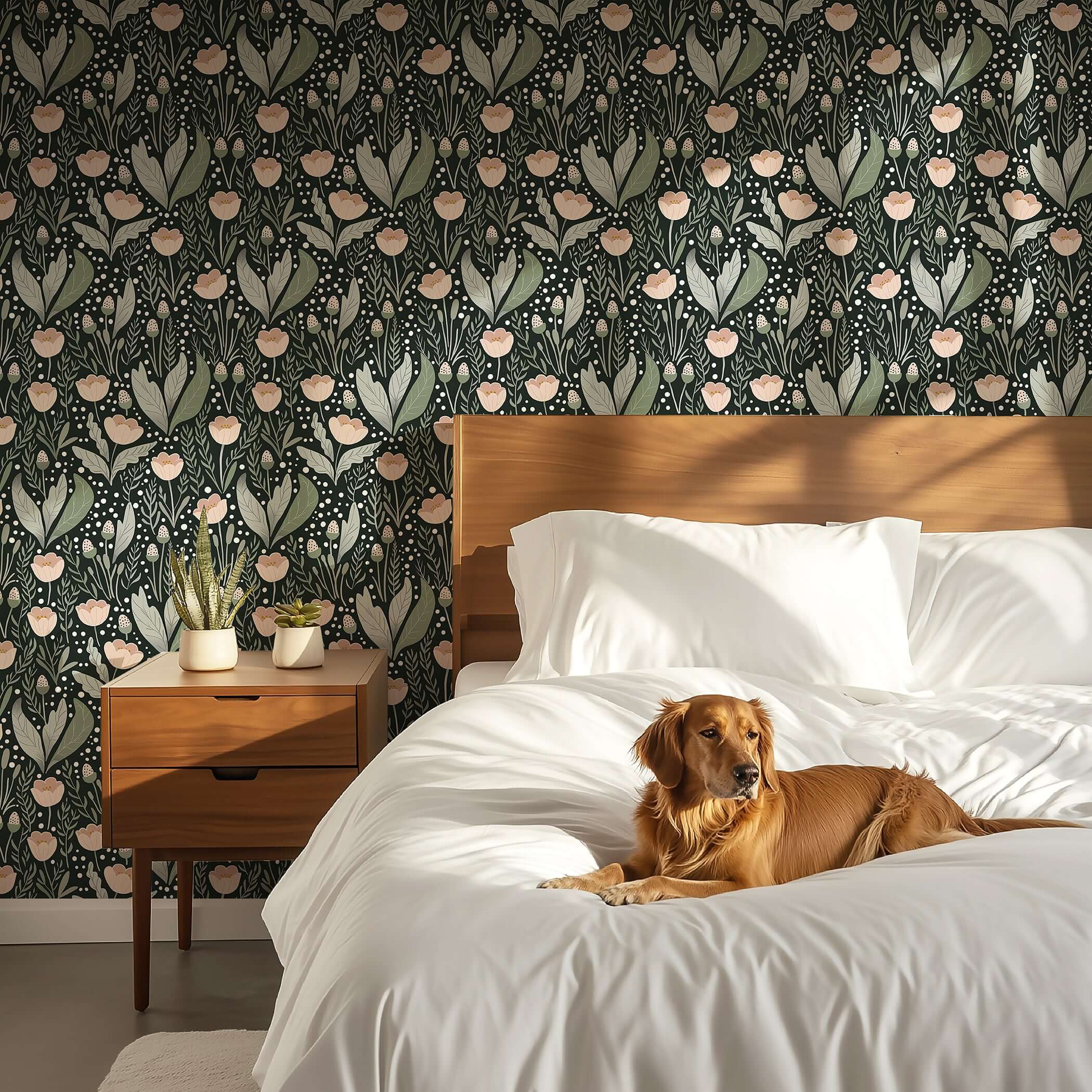 Cottagecore style bedroom with Secret Garden wallpaper featuring pink flowers and lush foliage, perfect for a tranquil nursery or children's playroom.