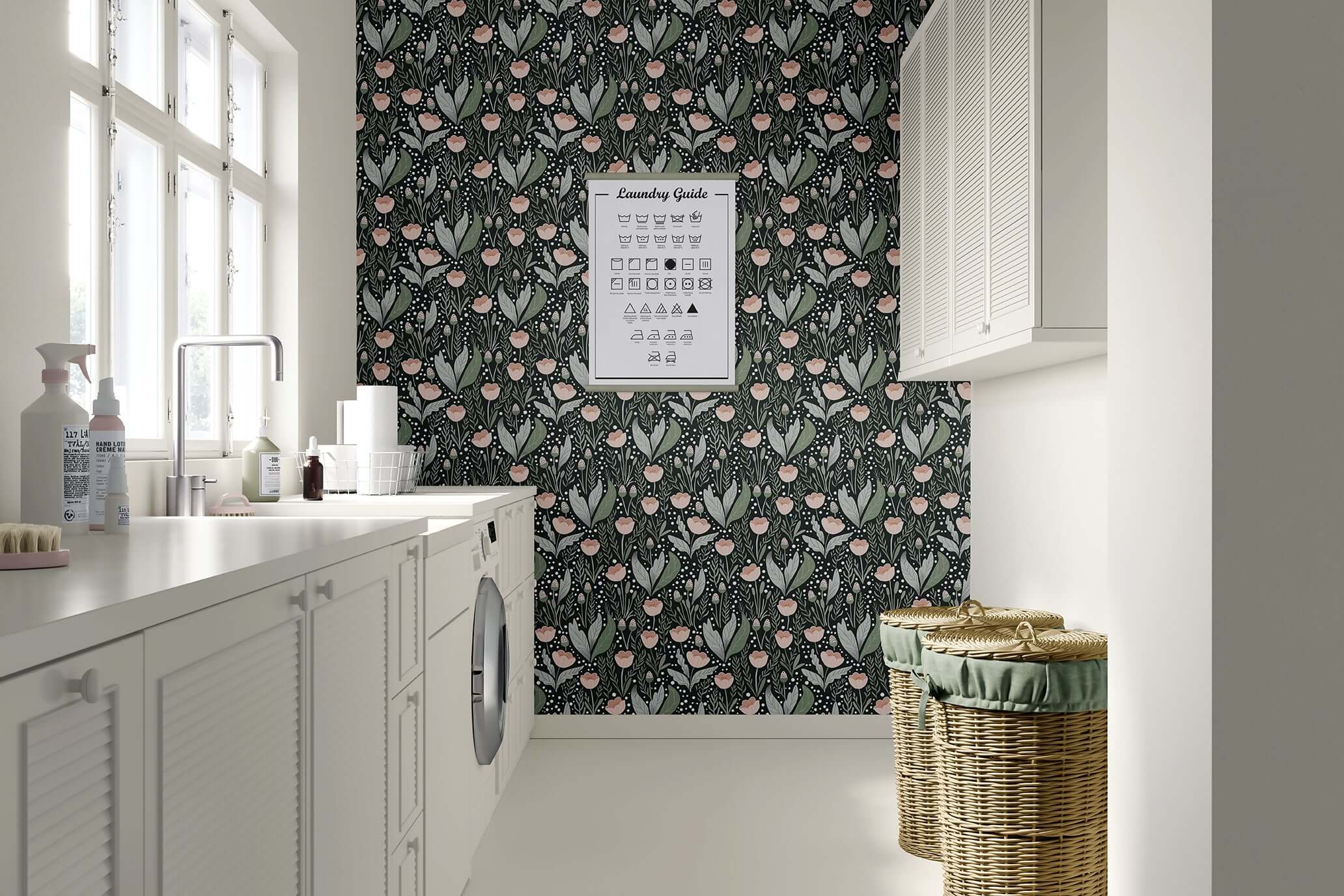 Secret Garden wallpaper with pink flowers and emerald leaves in a cottagecore laundry room, perfect for children's playroom or nursery.