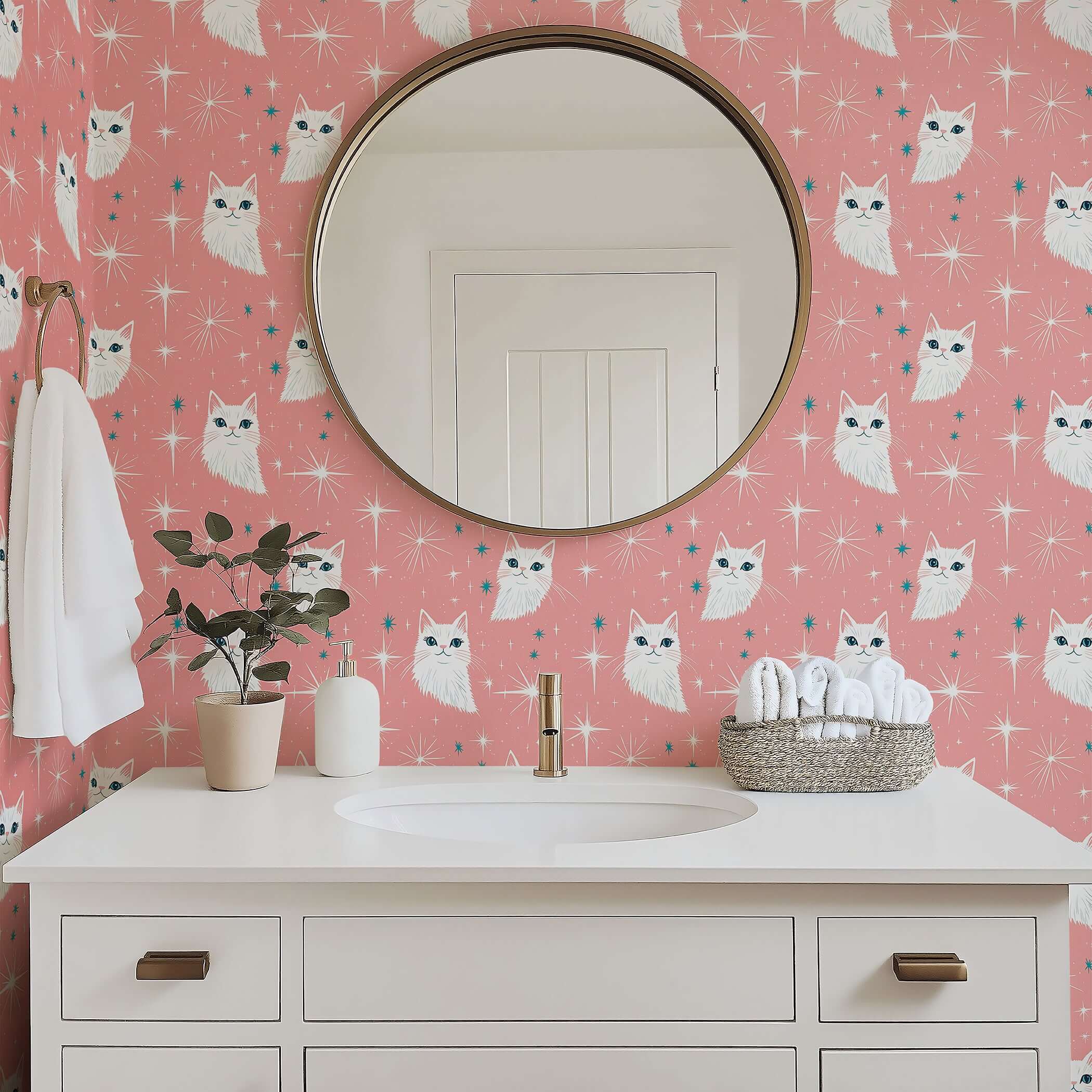 Whimsical wallpaper with white cats and mid-century stars on pink background, perfect for nurseries or playrooms.