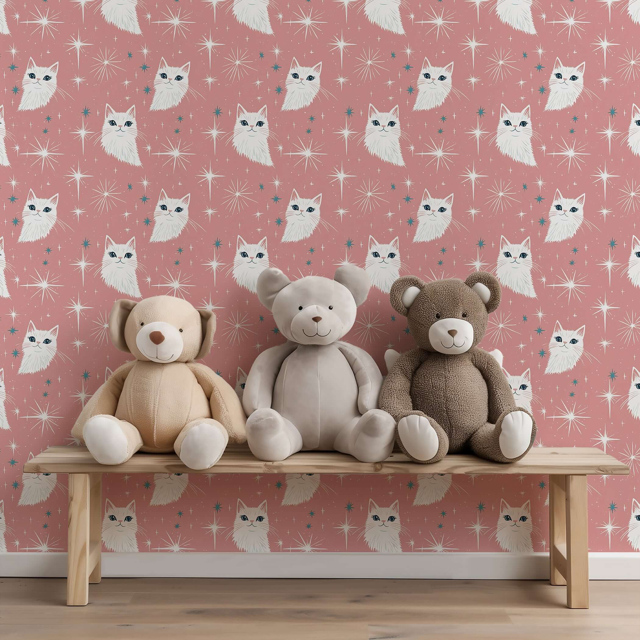 Mid-century modern wallpaper with white cats and starbursts, perfect for children's nursery or playroom, featuring plush teddy bears on a bench.
