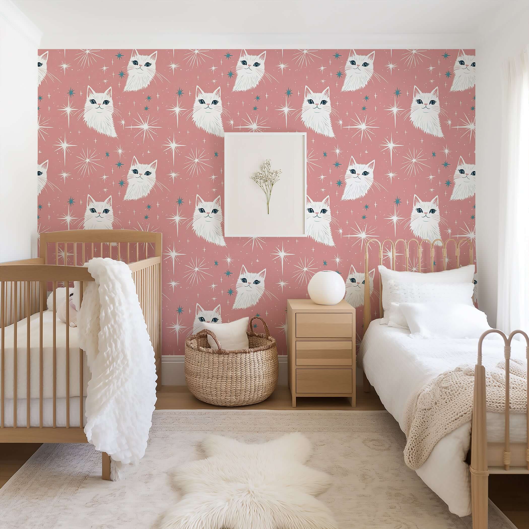 "Milky Way Meow" wallpaper with white cats, mid-century starbursts on pink, perfect for nurseries/playrooms, wall mural view.