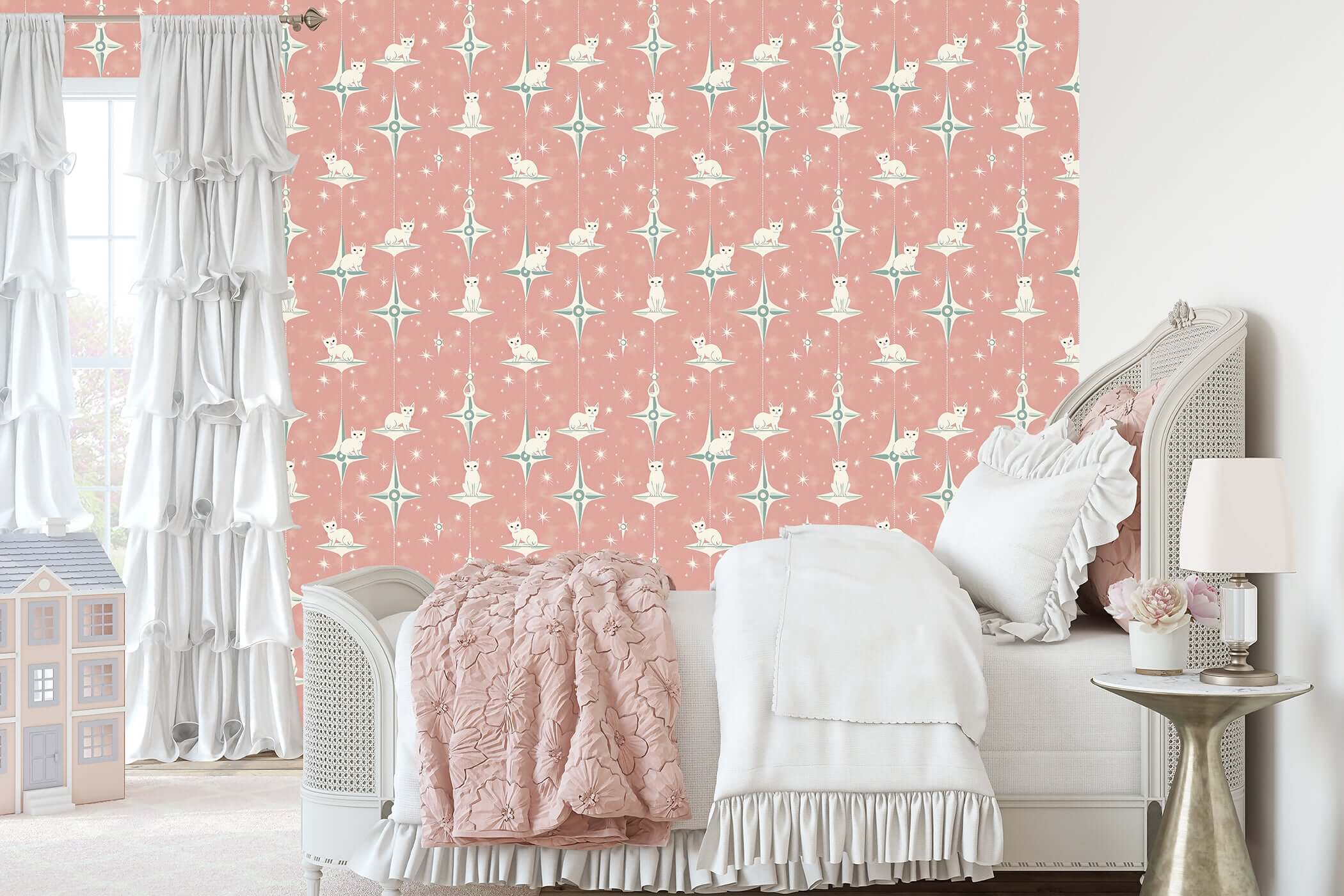 Retro wallpaper with white cats on starbursts in a nursery setting, perfect for children's playrooms. Mid-century modern style.