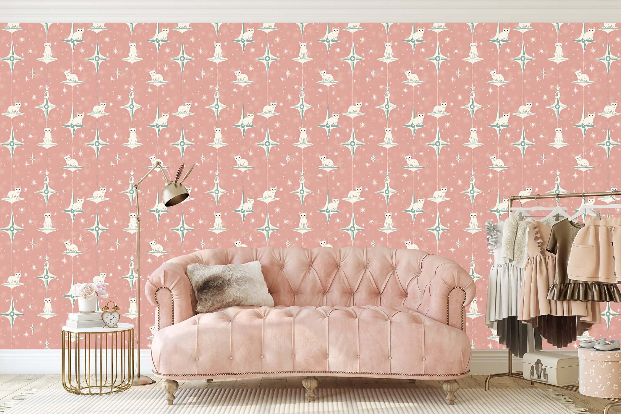 Starry Kitties wallpaper with mid-century modern cat motifs, perfect for children's nurseries and playrooms.