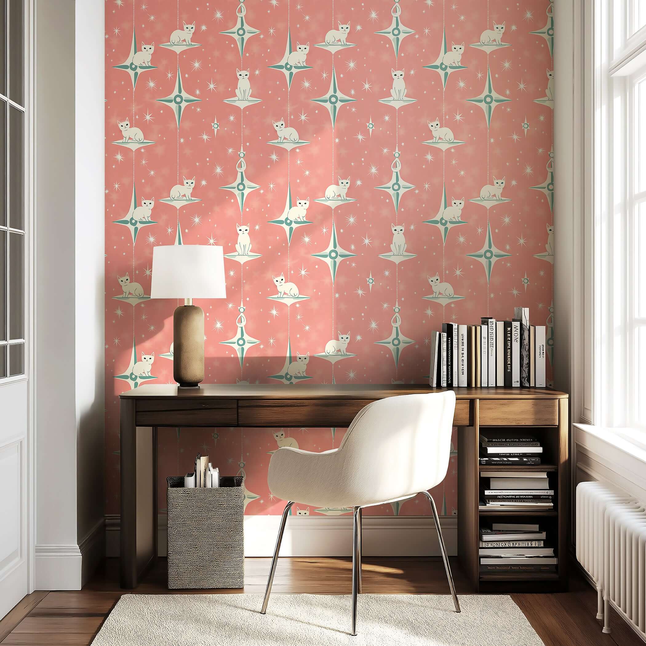 Starry Kitties wallpaper with mid-century modern cat motifs in a nursery room setting, ideal for children and playrooms.