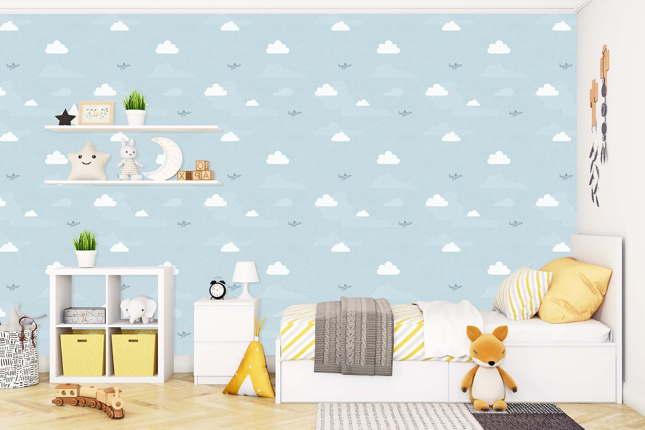 Light blue nursery with 'Flying High' wallpaper featuring airplanes, clouds, and sky, perfect for children’s playroom or bedroom decor.