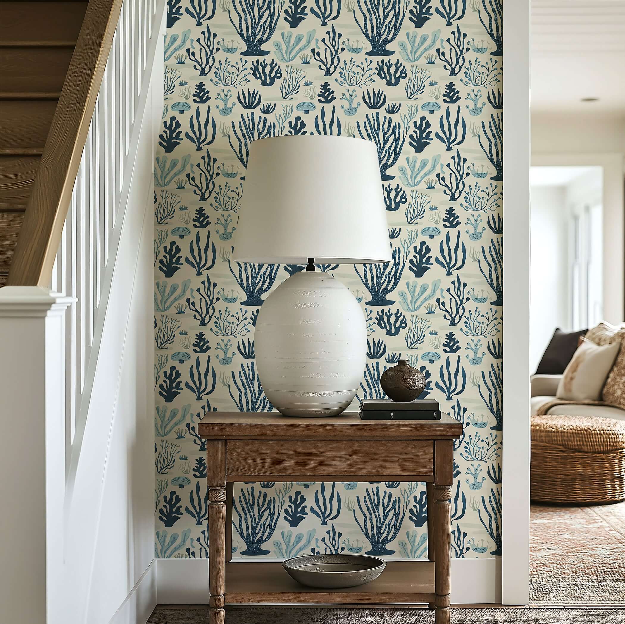 "Seaweed Symphony" Wallpaper in coastal theme, showcasing navy and seafoam seaweed patterns, enhancing maritime elegance."