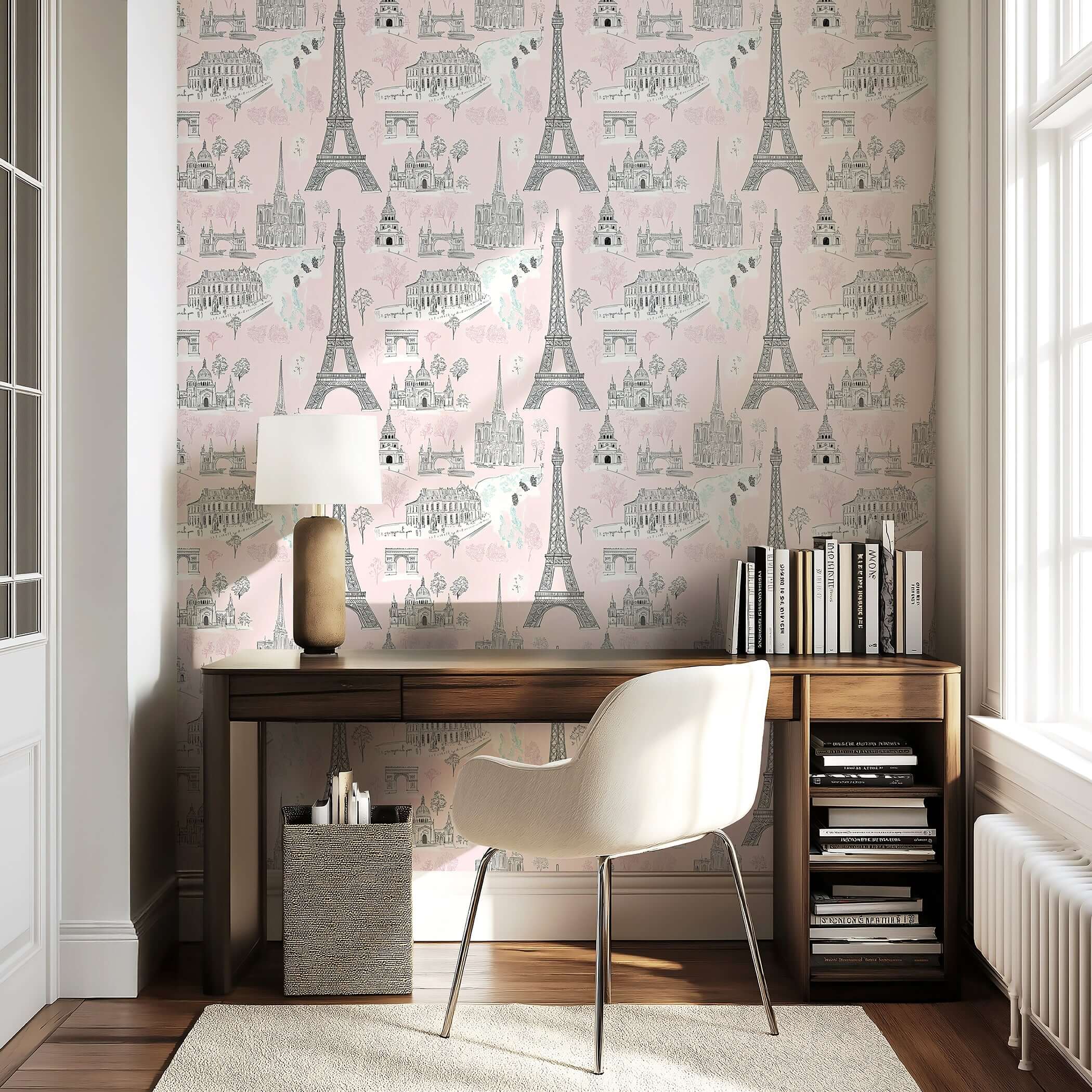 Paris-themed pink wallpaper with Eiffel Tower and Notre Dame, ideal for nursery or children's playroom in French toile style.