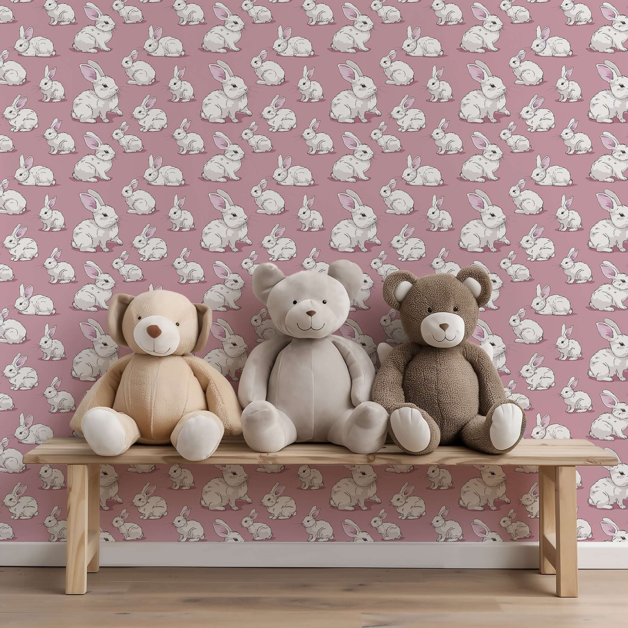 Mauve bunny wallpaper with plush toys, perfect for children's nursery or playroom. Cozy Cottontail Bliss design by Only Wall Artifacts.