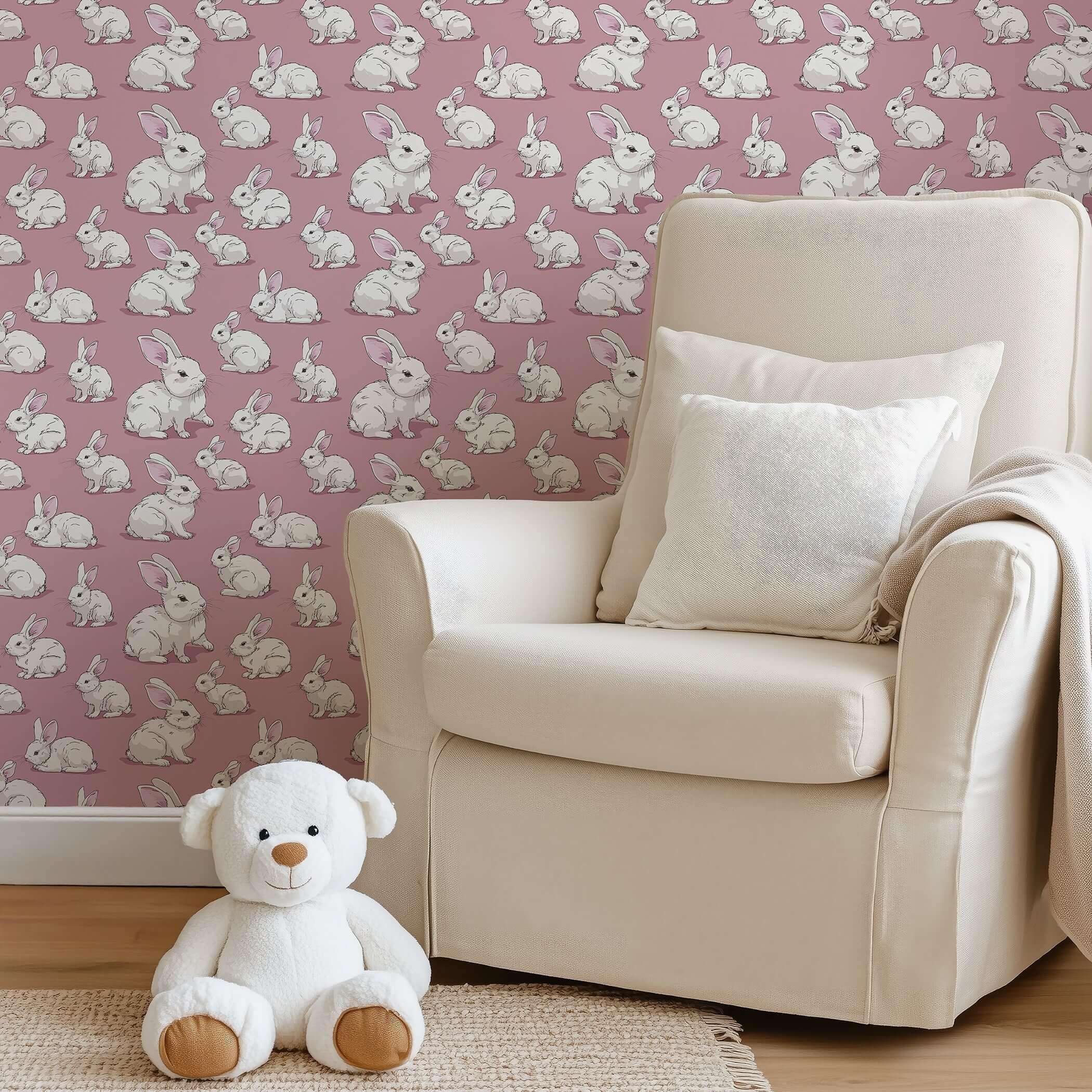 Cozy Cottontail Bliss Wallpaper with white rabbits on mauve-pink, perfect for children’s nursery or playroom. Plush bear and chair in room.