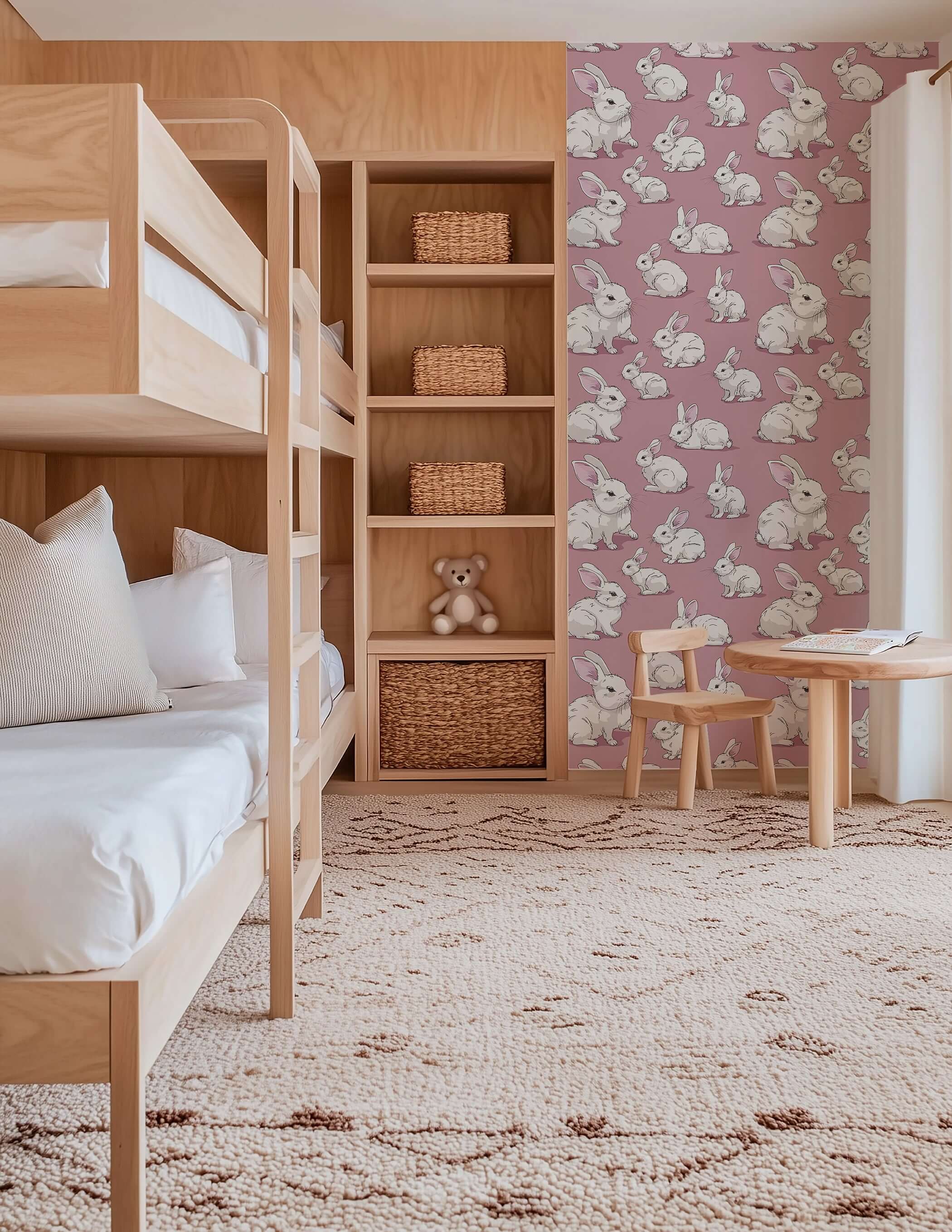 Cozy Cottontail Bliss wallpaper with fluffy bunnies on mauve-pink, perfect for children's nursery or playroom walls."
