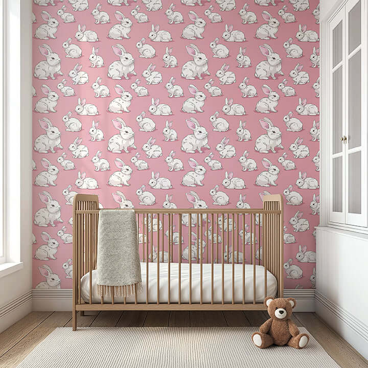 Adorable nursery wallpaper with fluffy white rabbits on mauve-pink, perfect for children's rooms, nurseries, and playrooms.