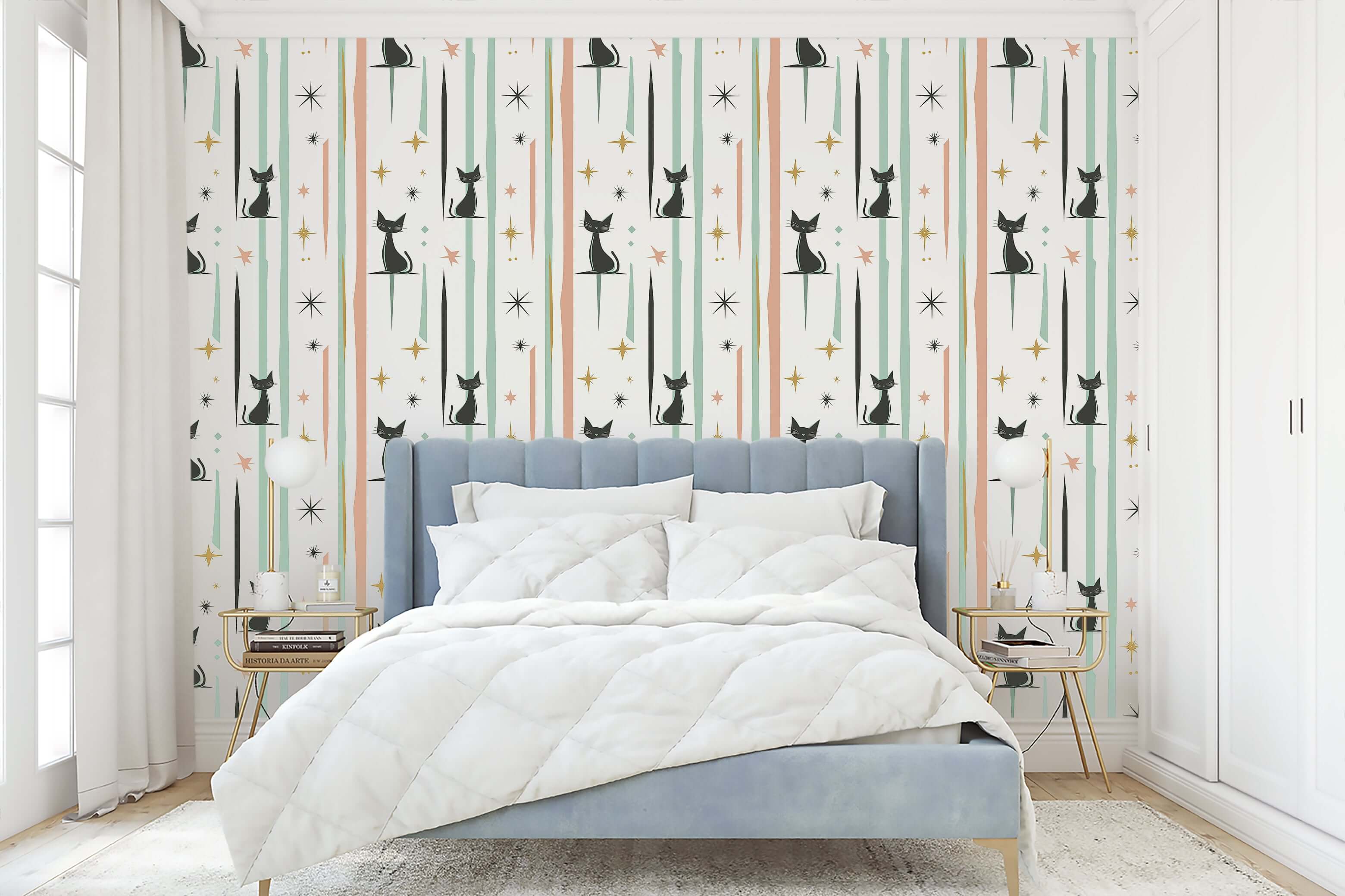 Cosmic Cats Wallpaper with mid-century design featuring black kittens, starbursts, ideal for nursery, playroom, or accent wall.