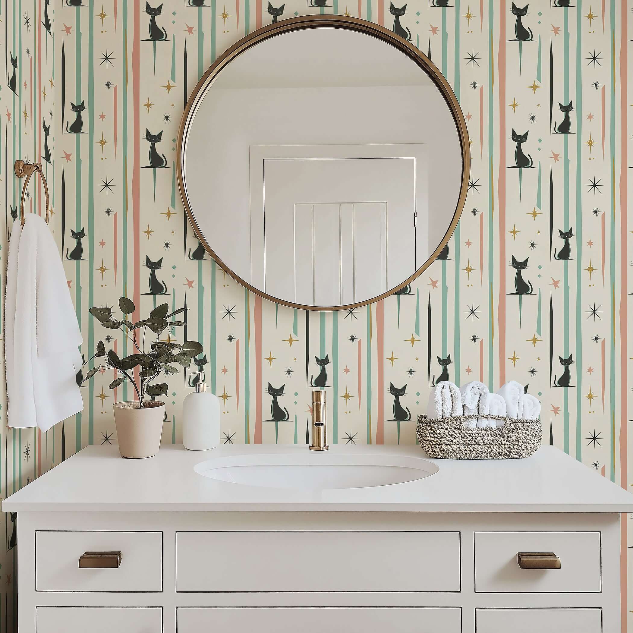 Mid-century modern wallpaper with playful black cats, starbursts, and pastel tones perfect for a children's nursery or playroom.