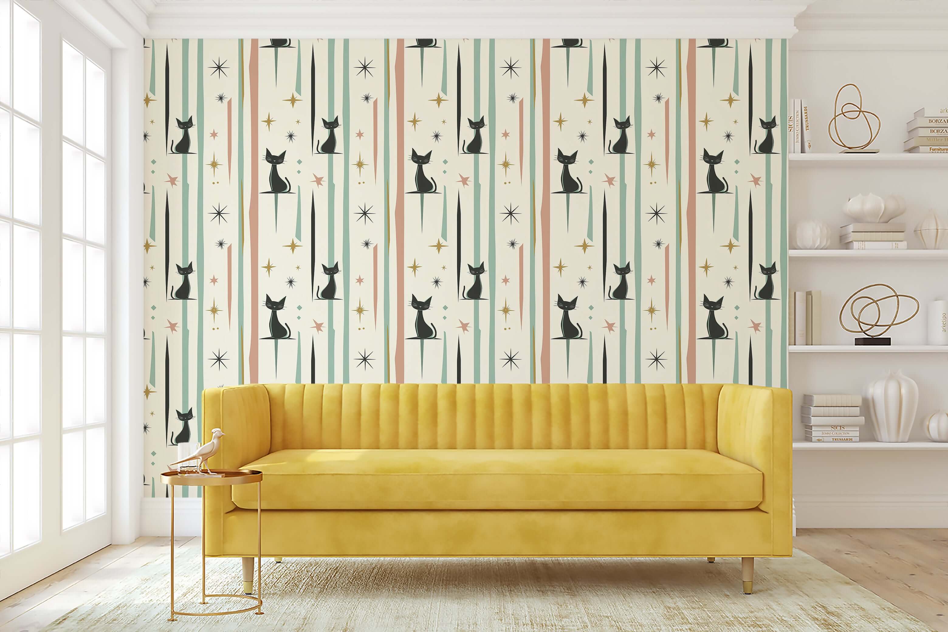 Retro cats and starbursts wallpaper with yellow sofa, perfect for mid-century modern nursery or playroom.