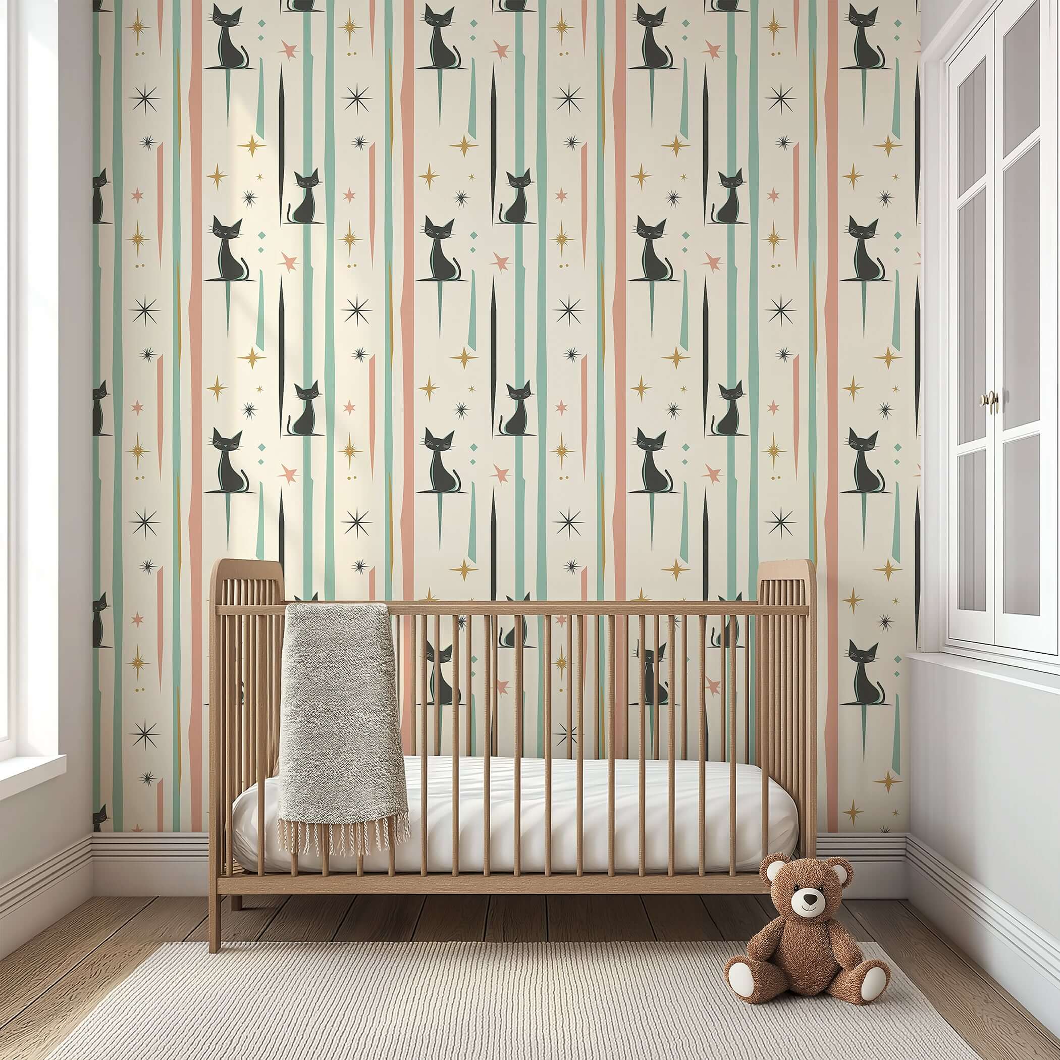 Mid-century modern nursery with Cosmic Cats wallpaper, featuring black cats and retro starbursts, perfect for children and playrooms.