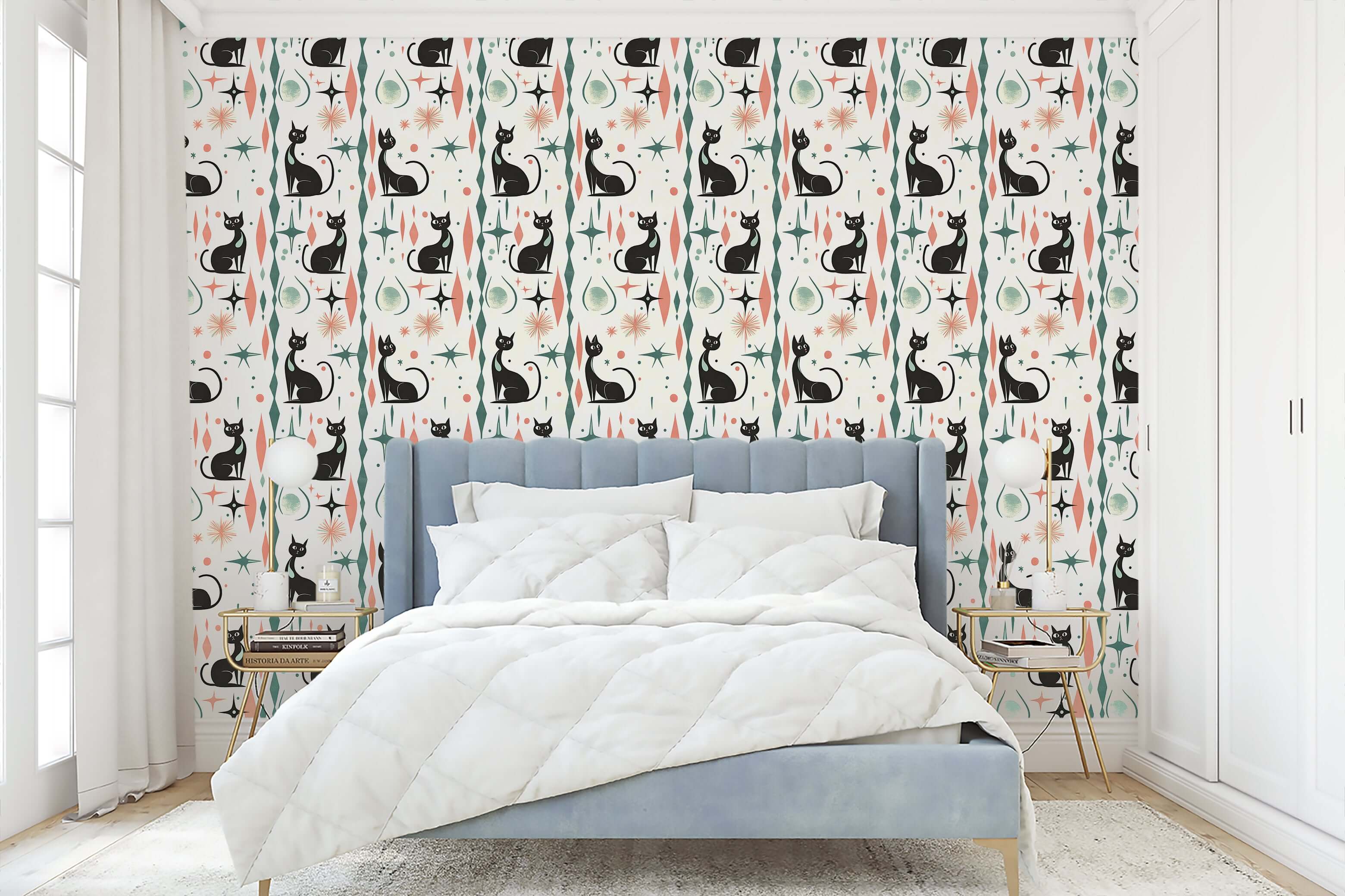 Vintage Atomic Whiskers Dreamscape wallpaper with black cats and mid-century motifs, perfect for nurseries and playrooms.