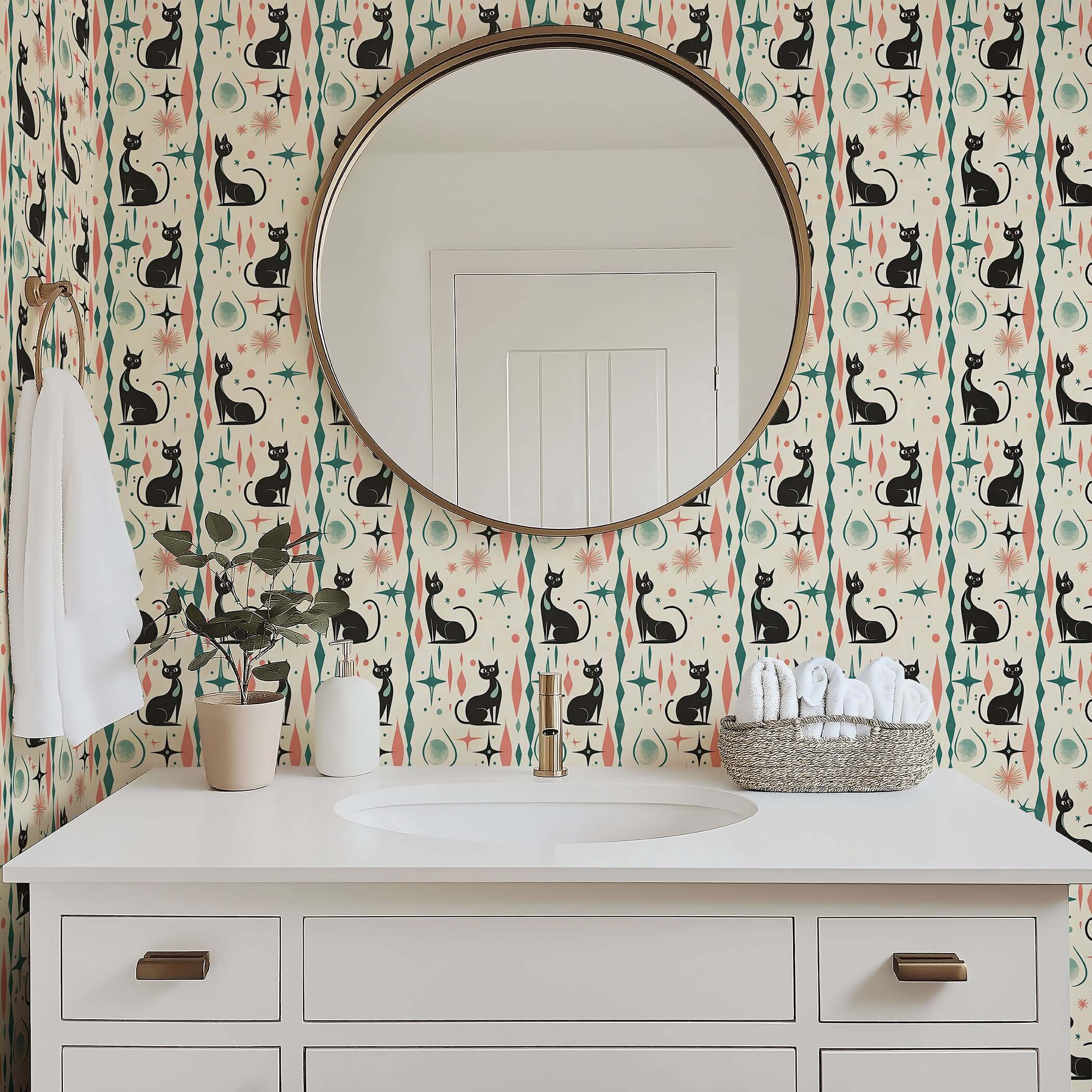 Retro-futuristic wallpaper featuring black cats and atomic shapes in soft coral and teal, perfect for mid-century modern children’s rooms.