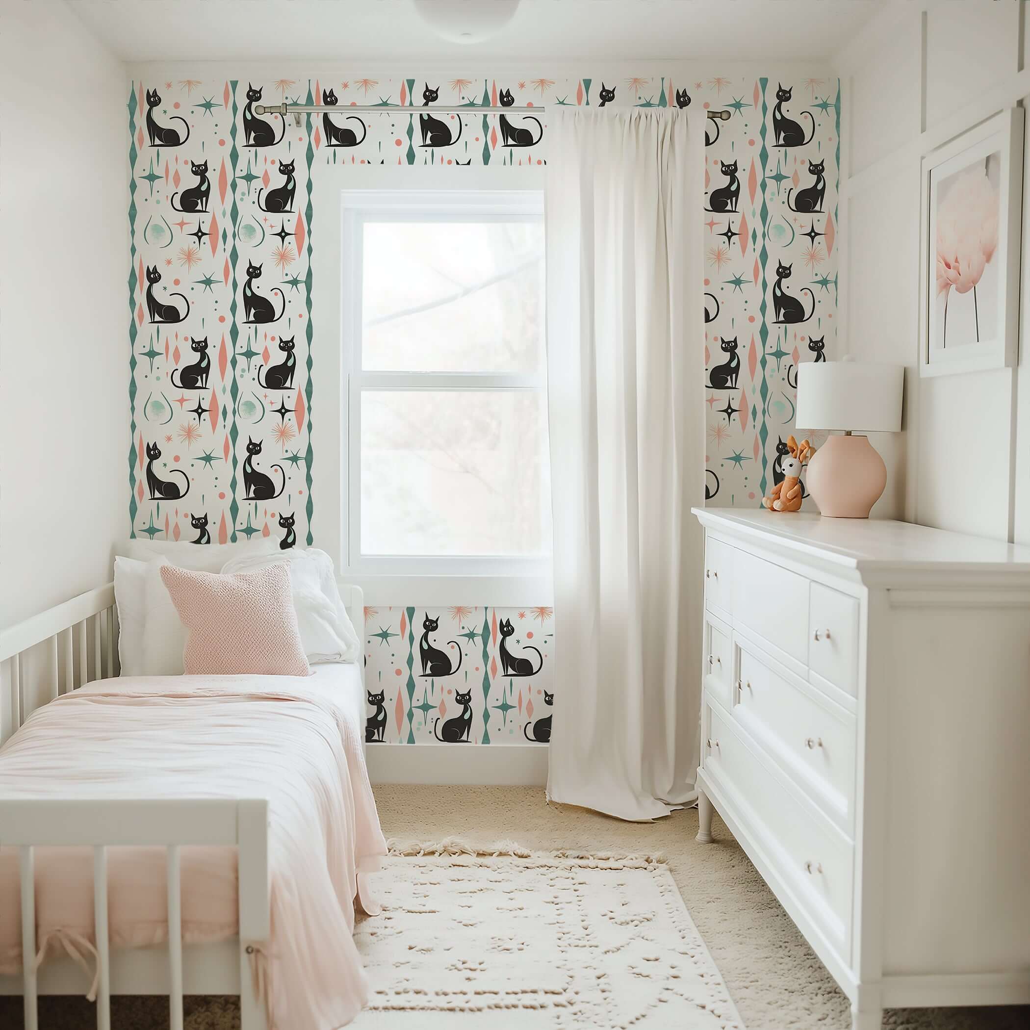 Playful Atomic Whiskers Dreamscape wallpaper with retro cats in a child's nursery featuring mid-century modern motifs in coral and teal.