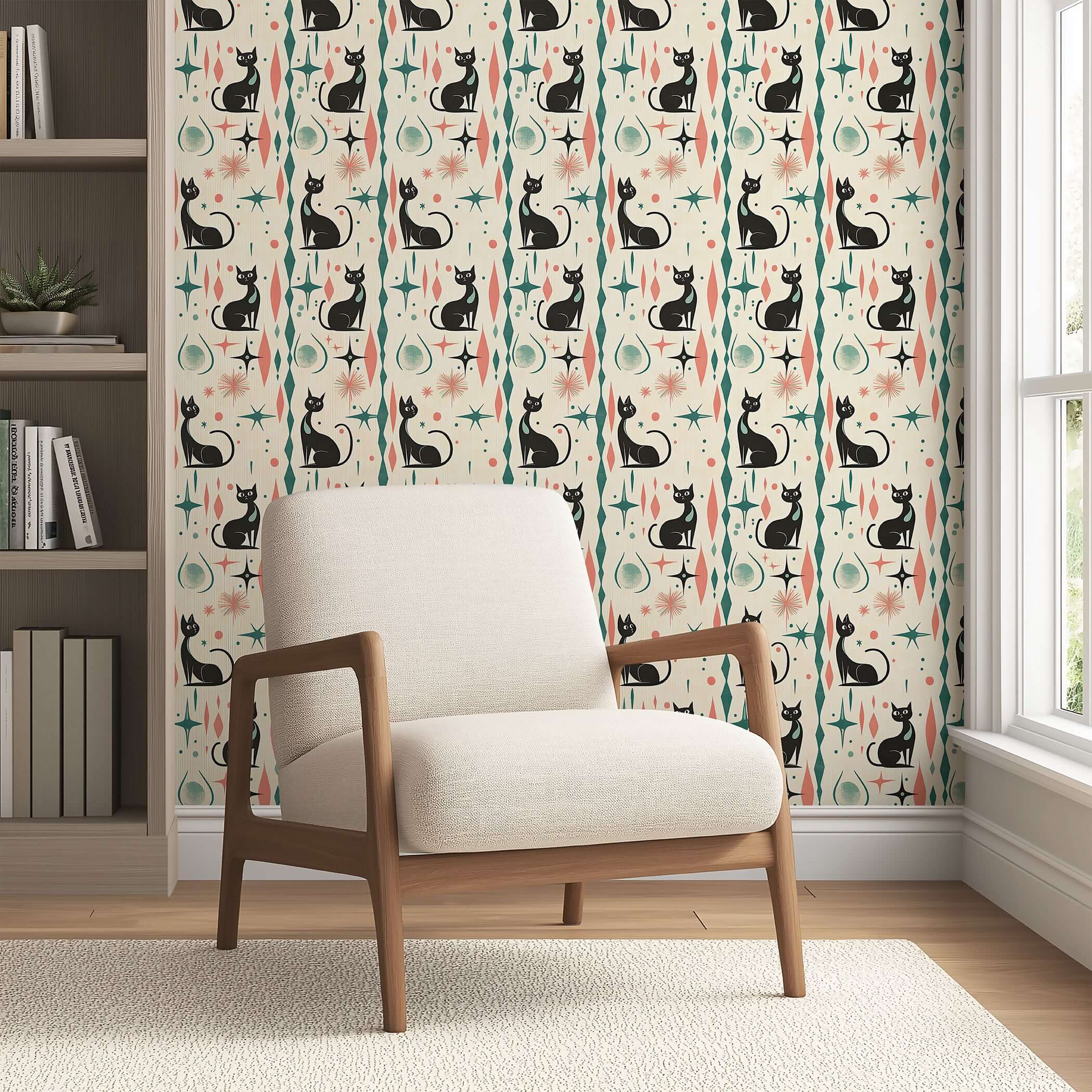 Retro-futuristic wallpaper with black cats and atomic motifs in coral and teal, perfect for mid-century modern cat-themed spaces.
