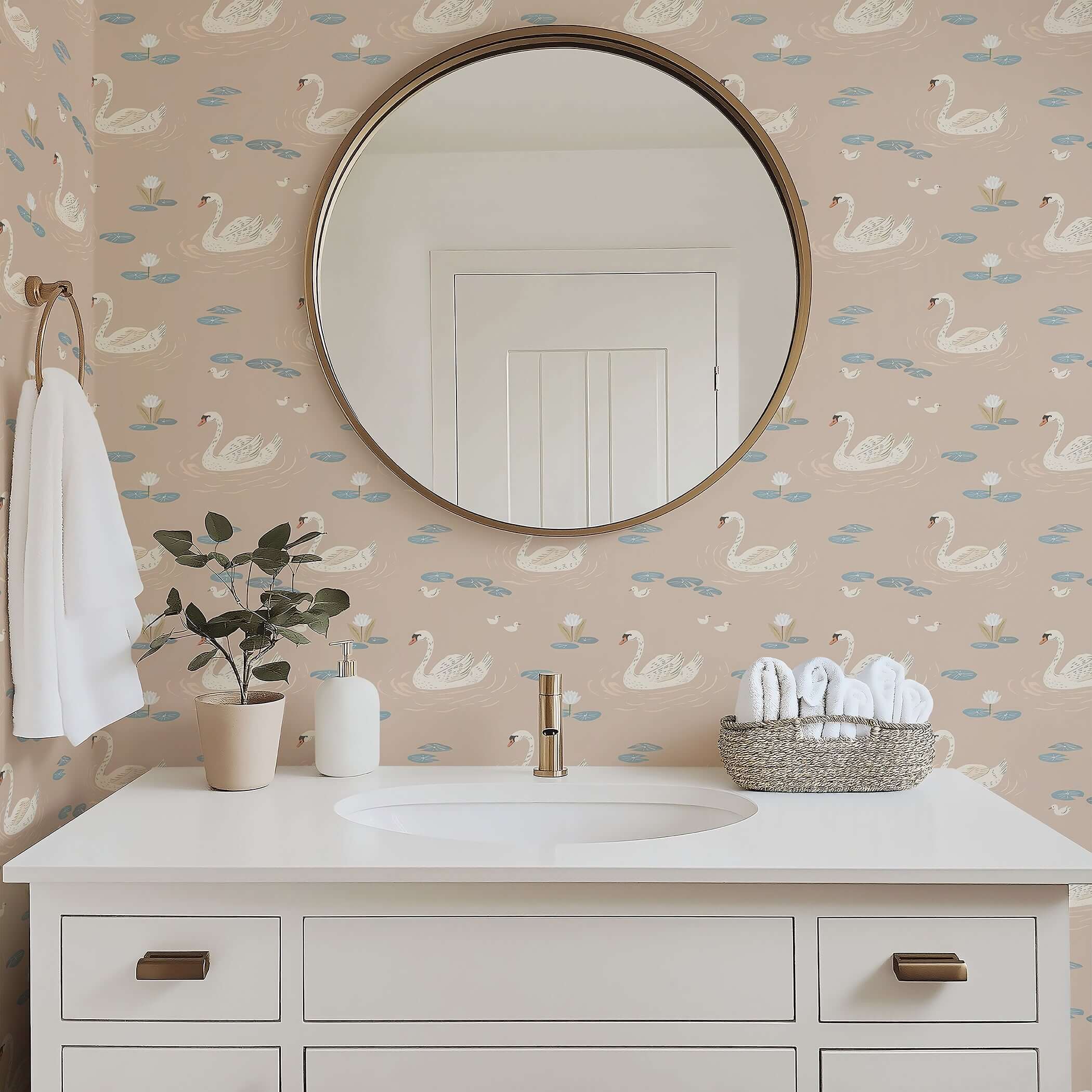 Elegant bathroom with Dreamy Swan Lake wallpaper featuring swans on taupe waters, enhancing a mid-century modern design.