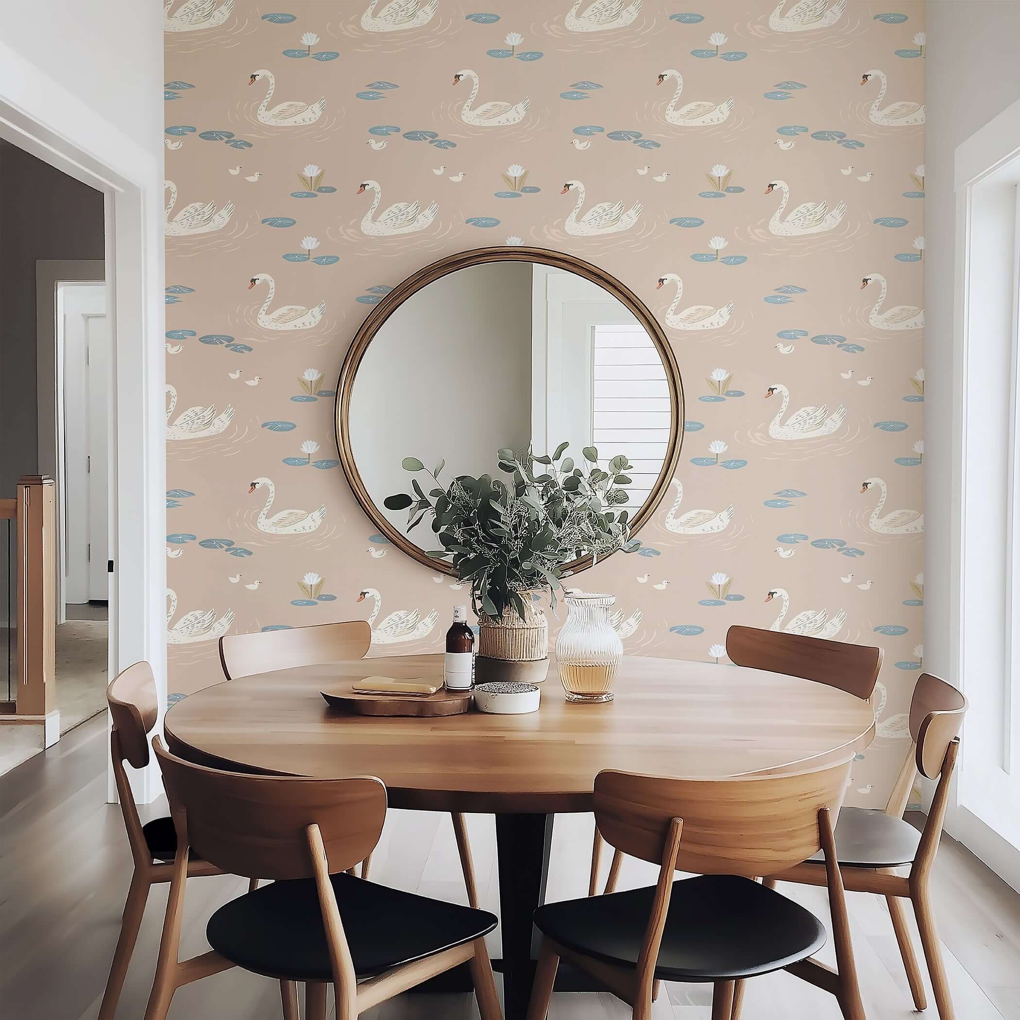 Serene swan lake wallpaper in dining room, featuring swans on taupe water with lily pads, blending modern design with timeless elegance.
