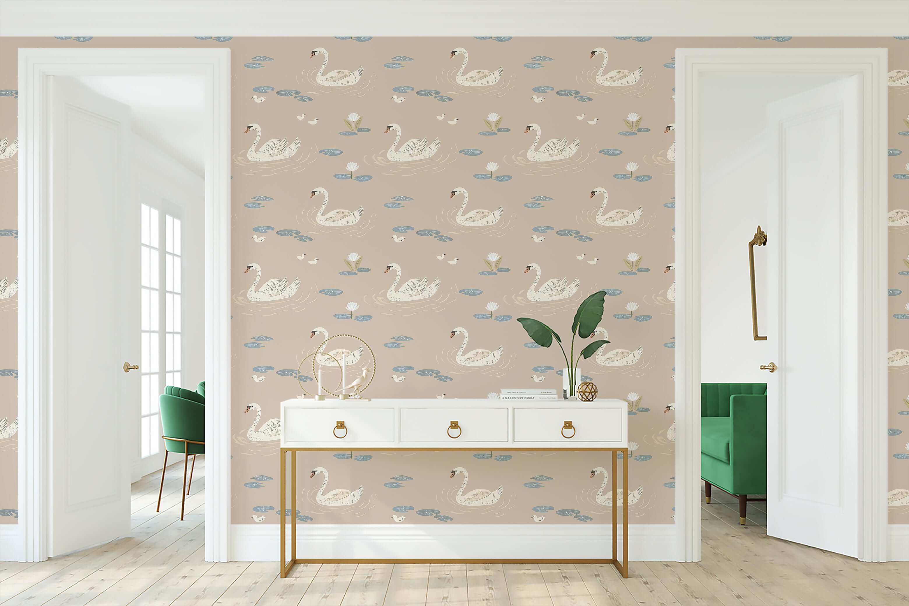 Dreamy Swan Lake wallpaper featuring swans and lily pads on taupe, ideal for mid-century modern decor and serene pond ambiance.