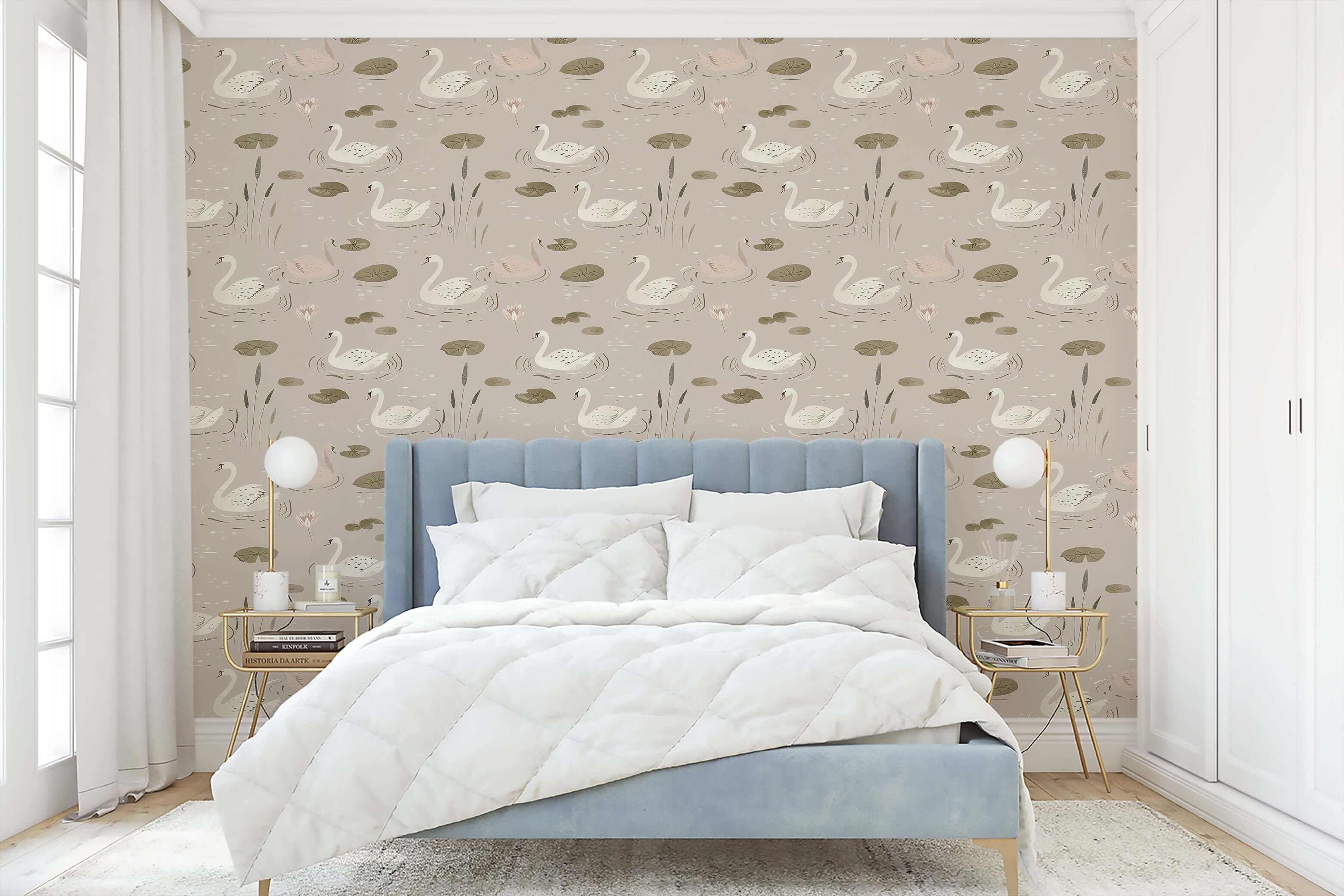 Bedroom featuring 'Swan Serenade' wallpaper with swans and lilies, ideal for mid-century modern design, adding a serene pond-like ambiance.